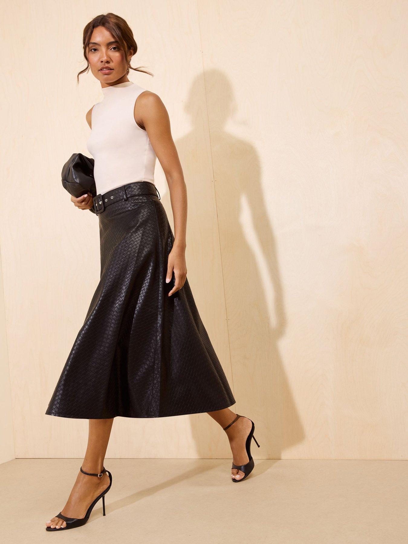 Image 6 of 6 of Friends Like These Black Woven A Line Belted Pu Midi Skirt