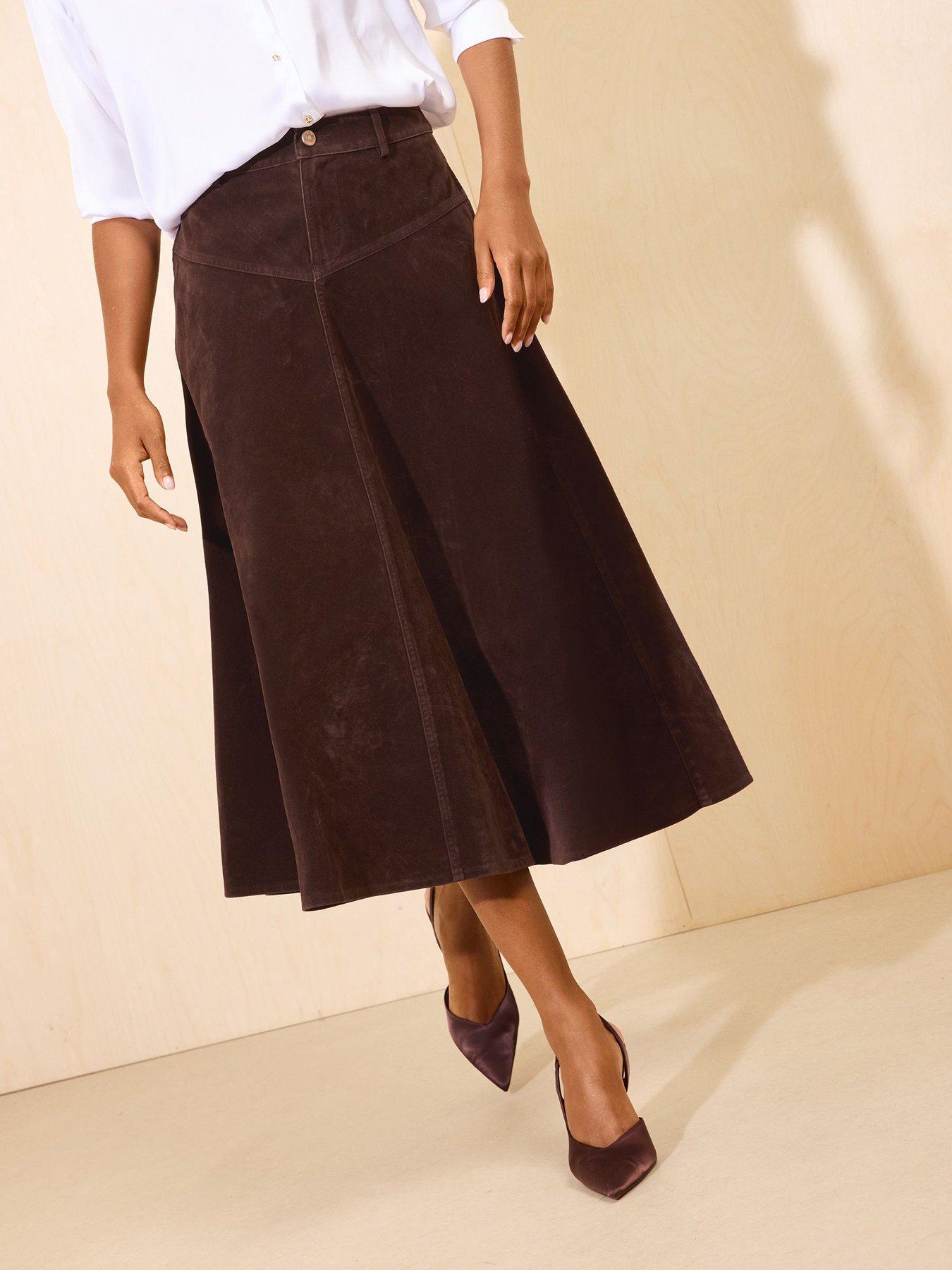 Image 1 of 5 of Friends Like These Chocolate Brown Full Hem Midi Faux Suede Skirt