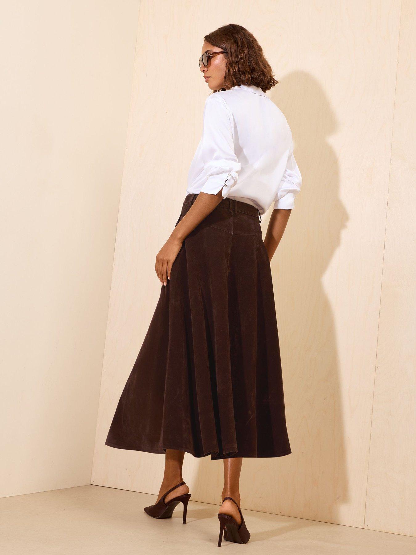 Image 2 of 5 of Friends Like These Chocolate Brown Full Hem Midi Faux Suede Skirt