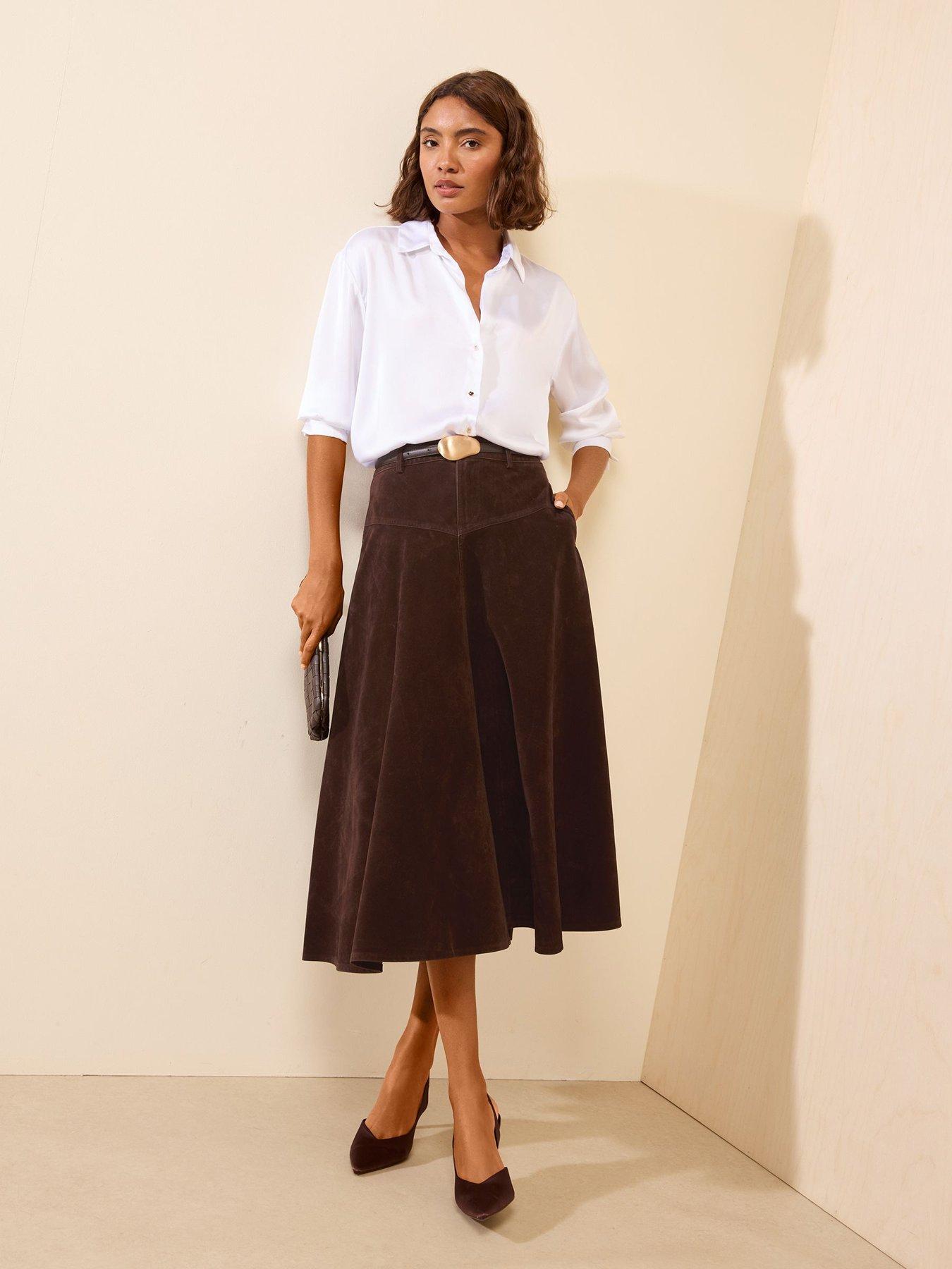 Image 3 of 5 of Friends Like These Chocolate Brown Full Hem Midi Faux Suede Skirt