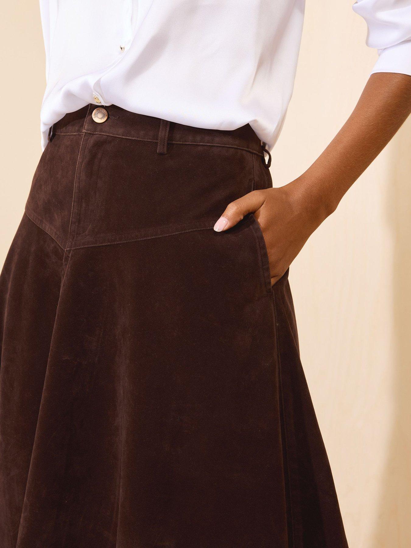Image 4 of 5 of Friends Like These Chocolate Brown Full Hem Midi Faux Suede Skirt