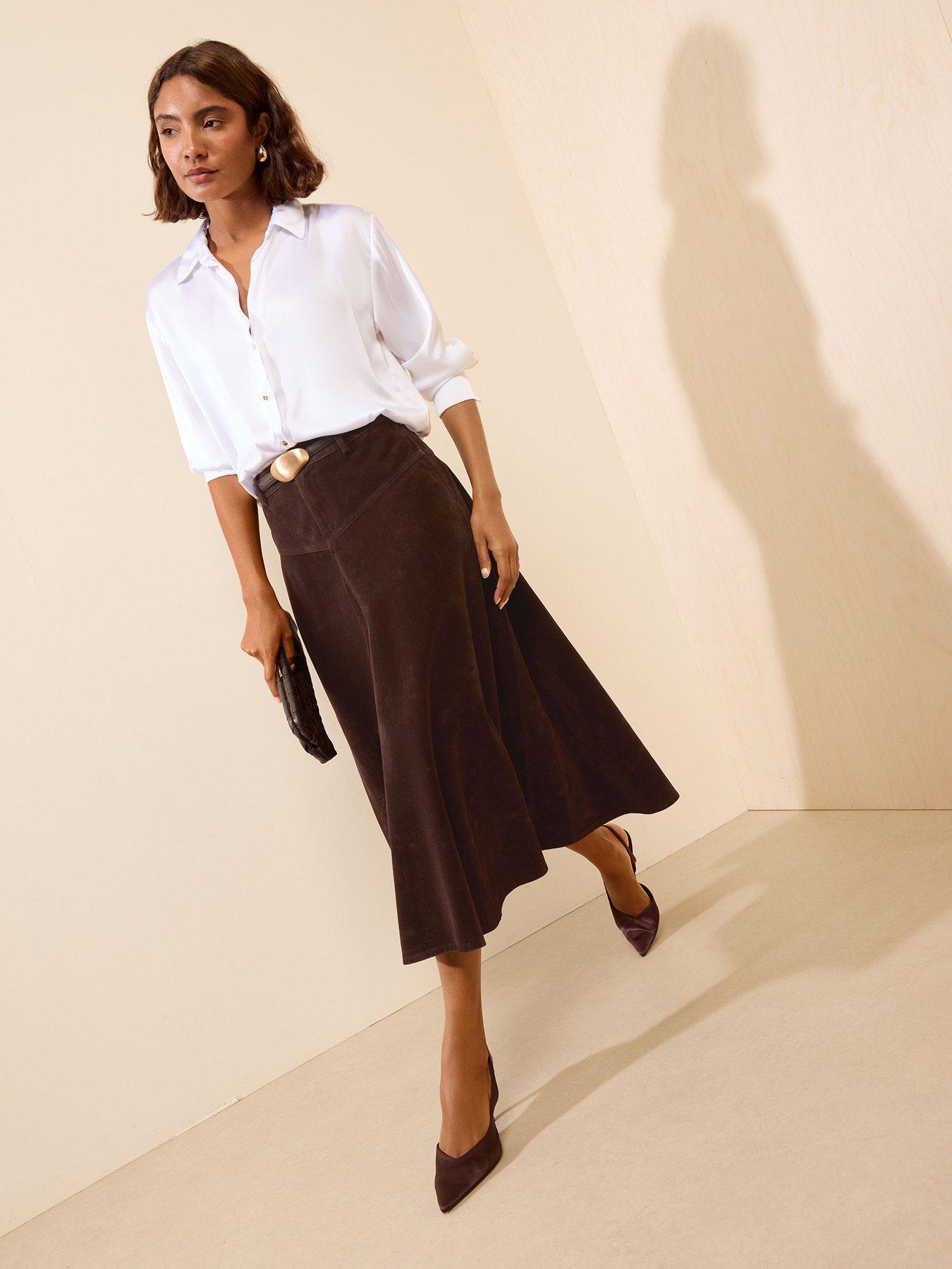 Image 5 of 5 of Friends Like These Chocolate Brown Full Hem Midi Faux Suede Skirt