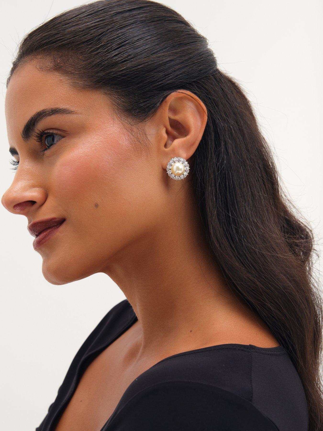 Image 2 of 3 of Jon Richard Rhodium Plated Pearl And Pave Statement Halo Earrings