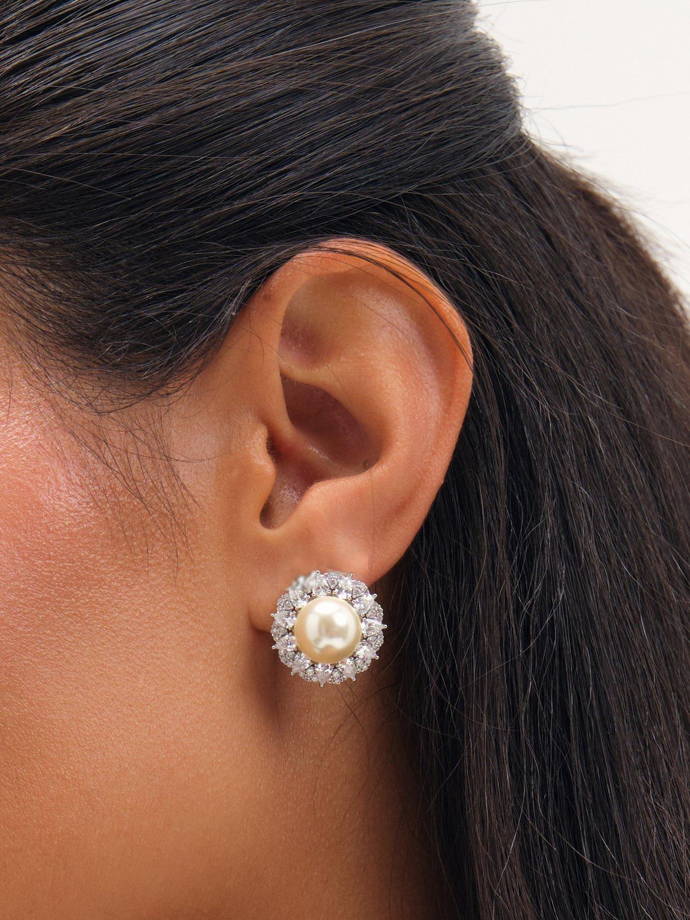 Image 3 of 3 of Jon Richard Rhodium Plated Pearl And Pave Statement Halo Earrings