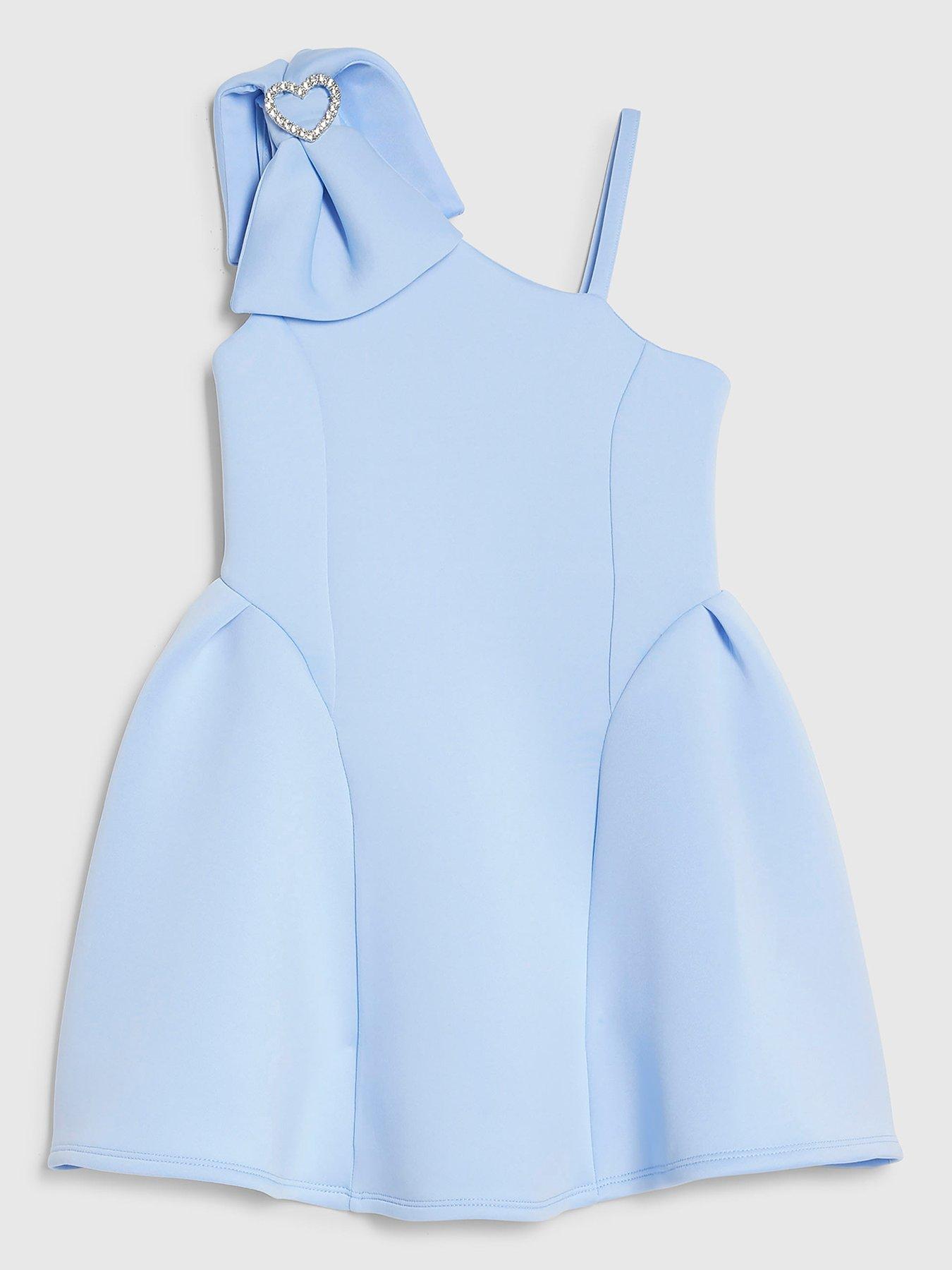 Image 1 of 4 of River Island Girls Premium One Shoulder Dress - Blue