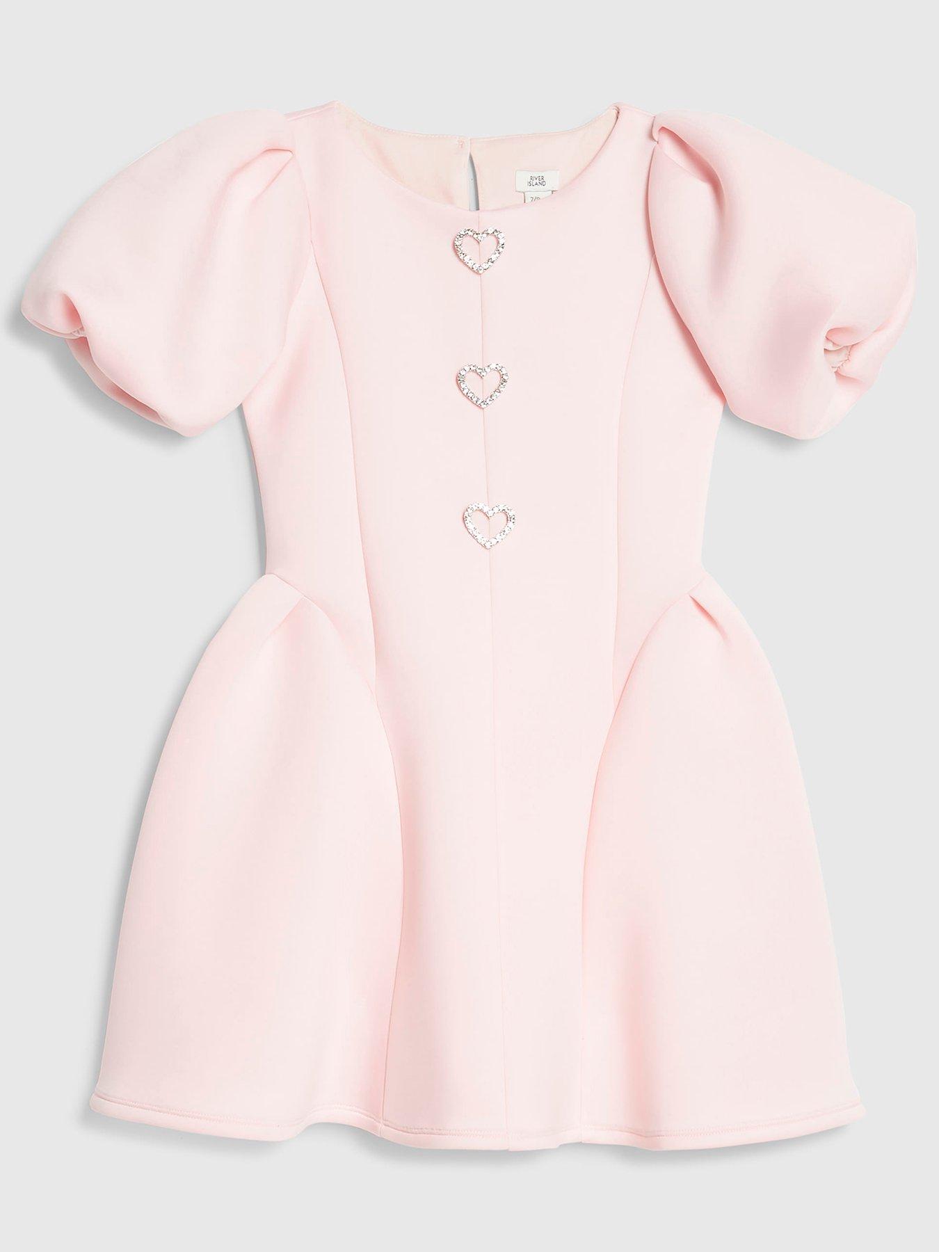 Image 1 of 4 of River Island Girls Premium Heart Sparkle Button Puff Sleeve Dress - Pink