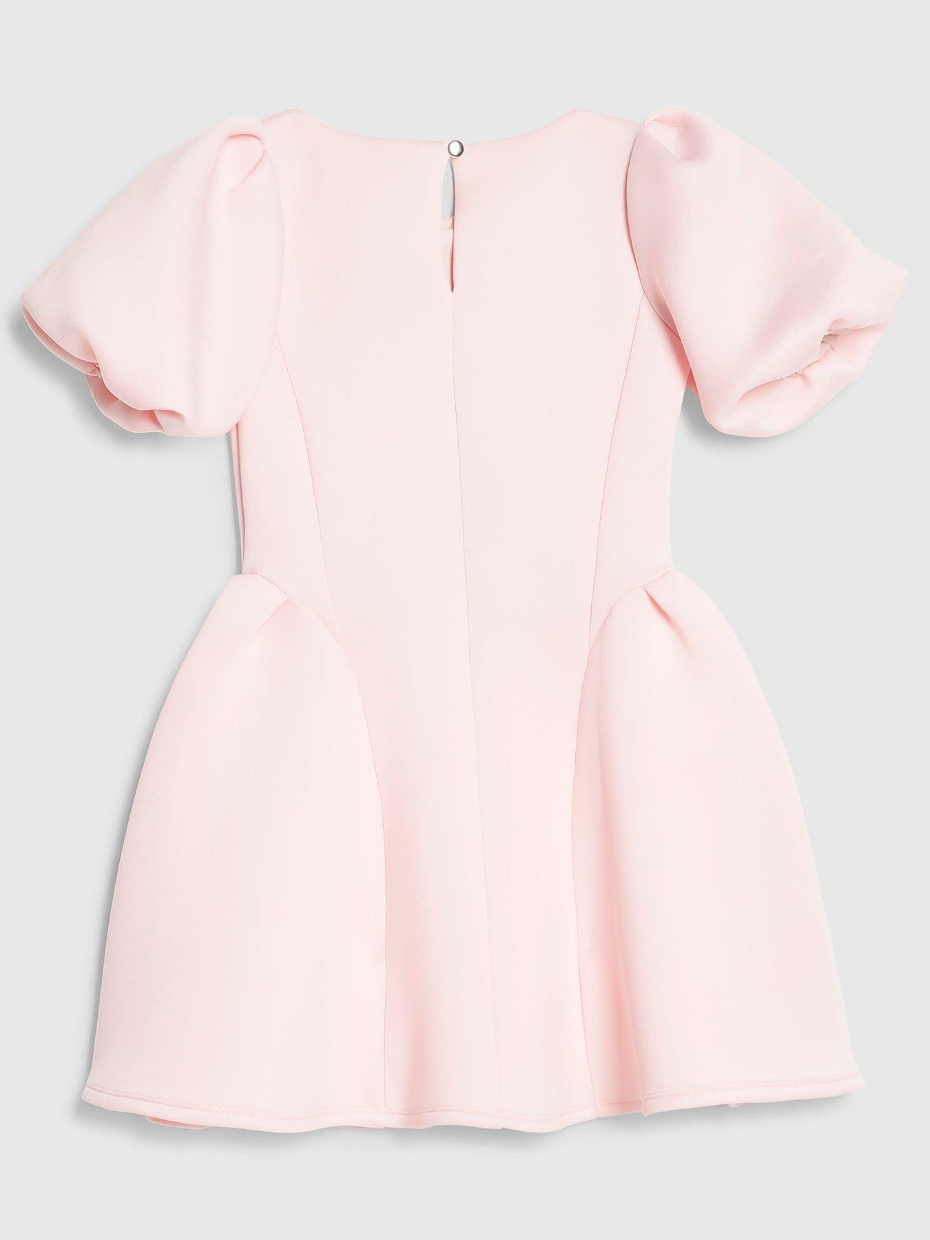 Image 2 of 4 of River Island Girls Premium Heart Sparkle Button Puff Sleeve Dress - Pink