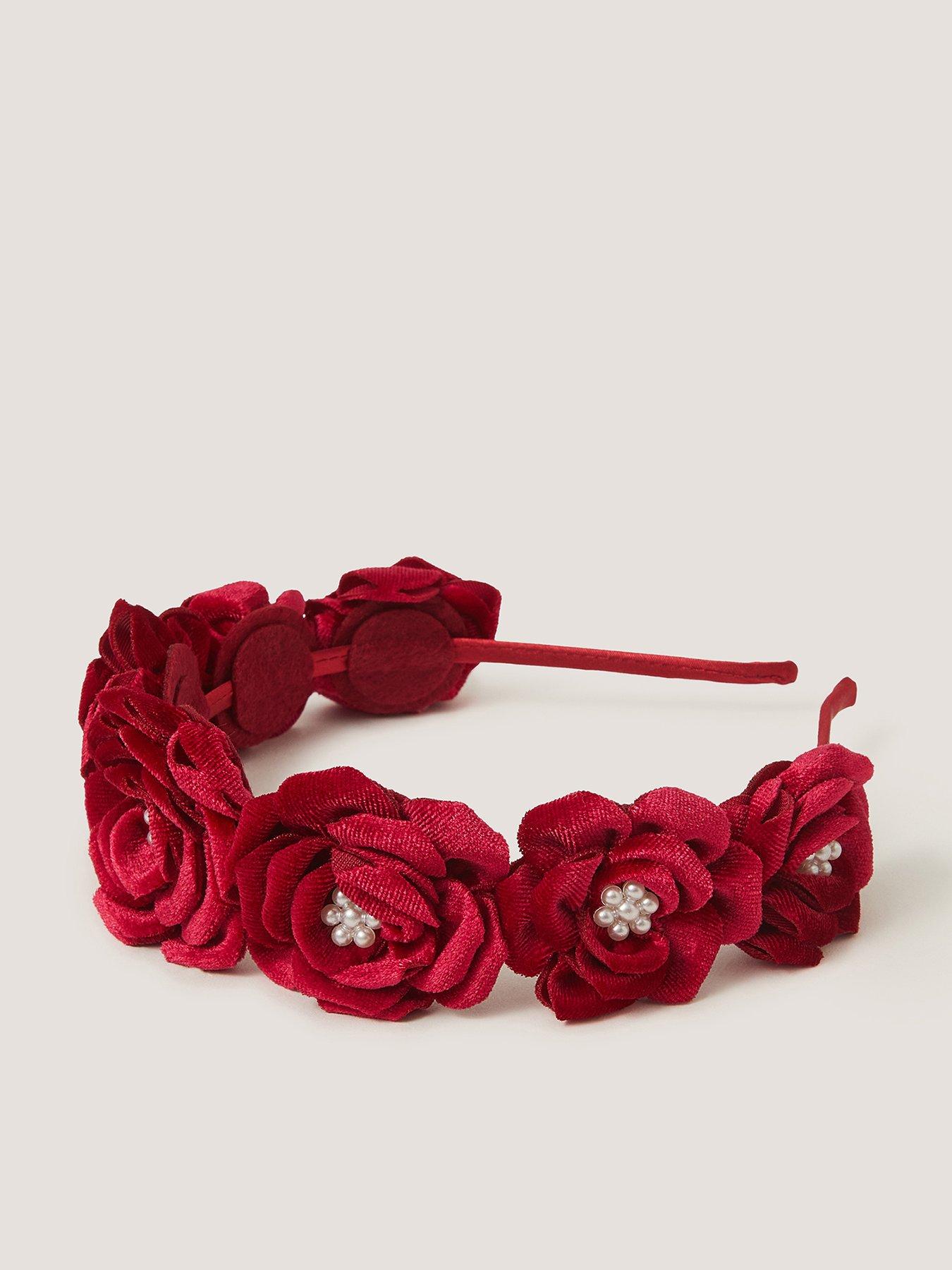 Image 1 of 2 of Monsoon Girls Velvet Pearl Rose Aliceband - Red