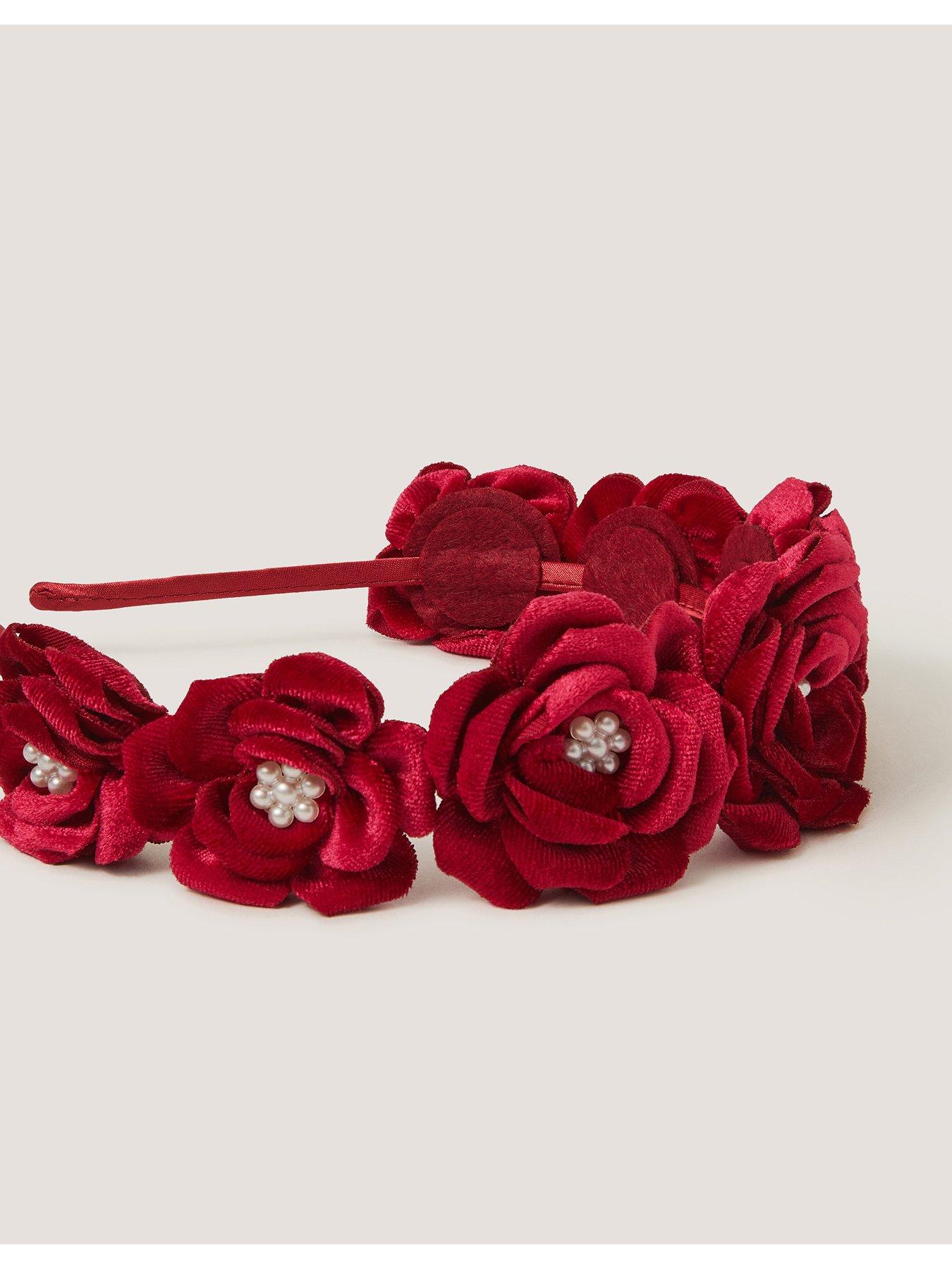 Image 2 of 2 of Monsoon Girls Velvet Pearl Rose Aliceband - Red