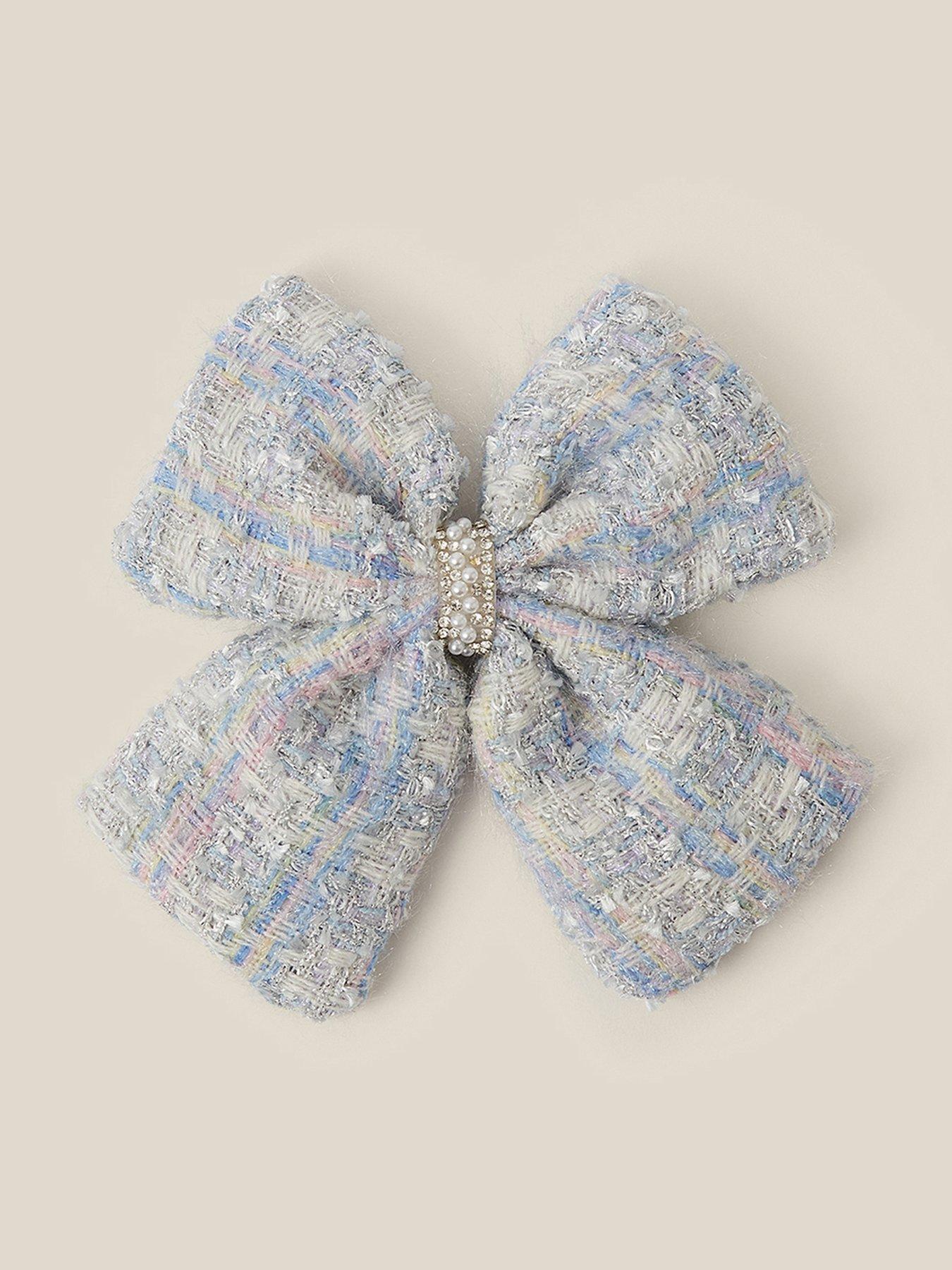 Image 1 of 3 of Monsoon Girls Boucle Pearl Detail Bow Hair Clip - Blue