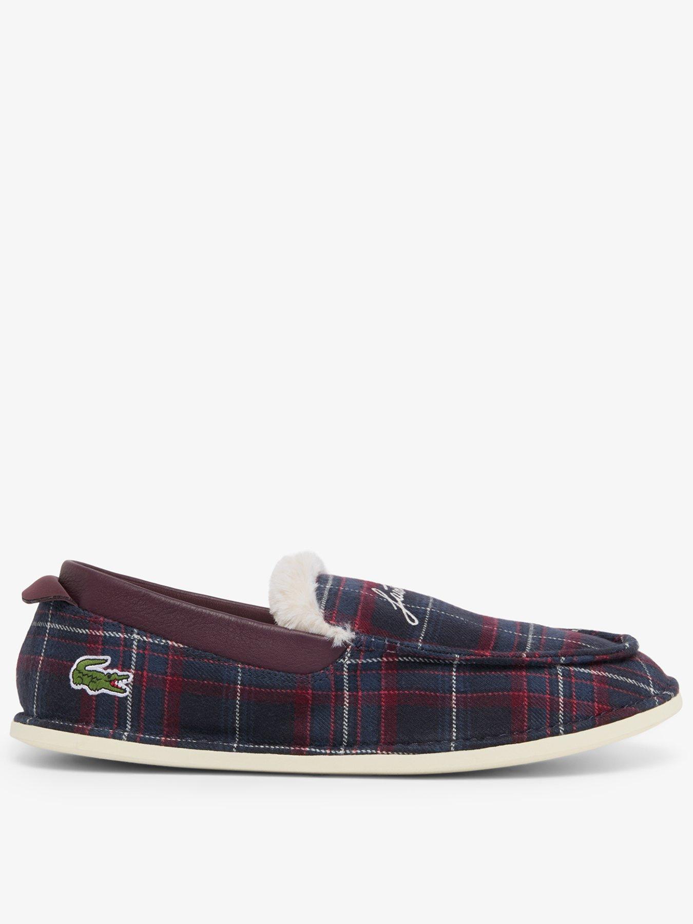 Image 1 of 7 of Lacoste Mens Aubrey Tartan Faux Fur Lined Slippers - Navy