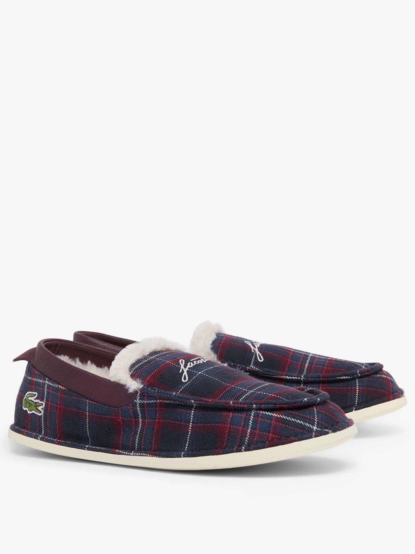 Image 2 of 7 of Lacoste Mens Aubrey Tartan Faux Fur Lined Slippers - Navy