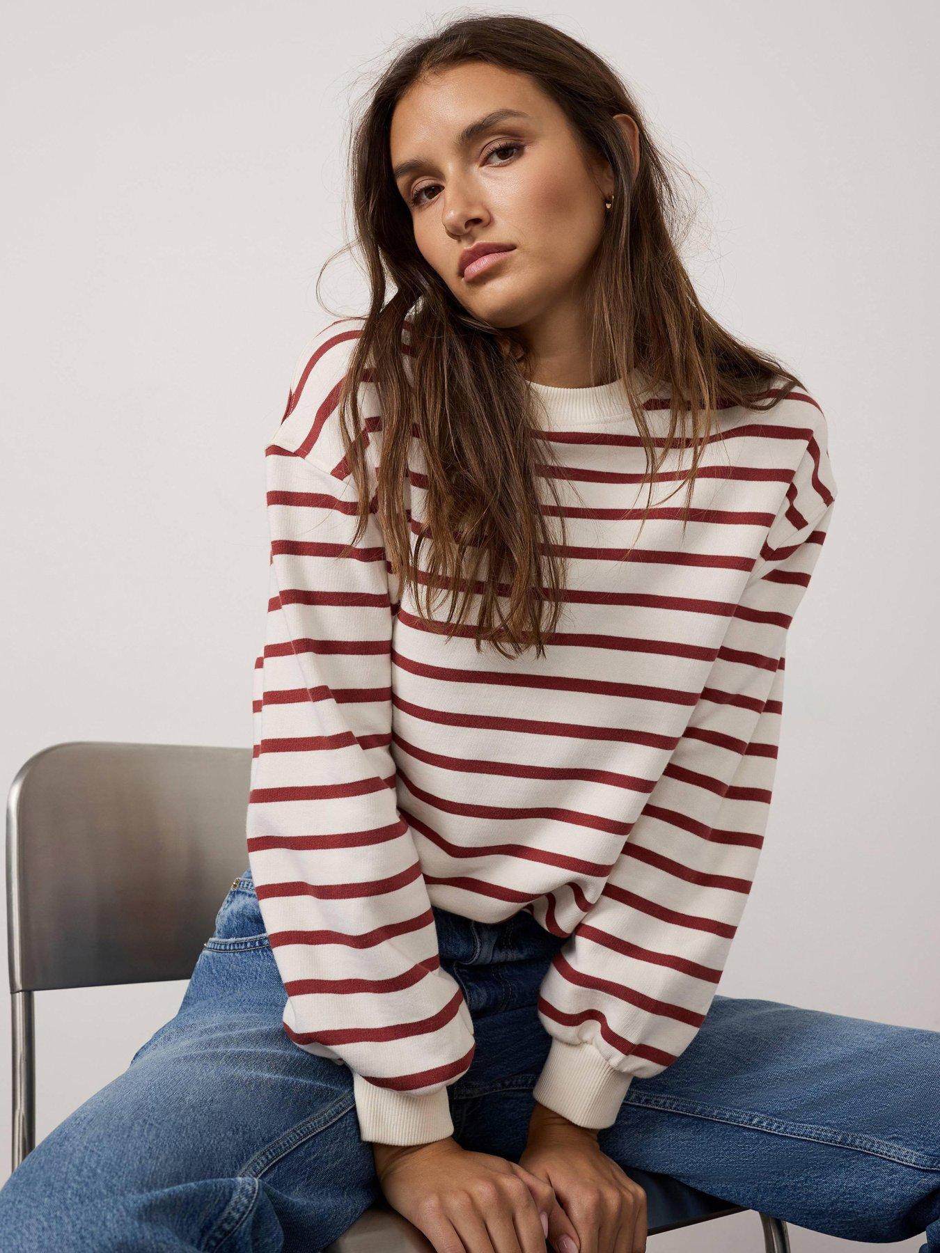 Image 1 of 6 of Mint Velvet Rust Stripe Balloon Sweatshirt - White