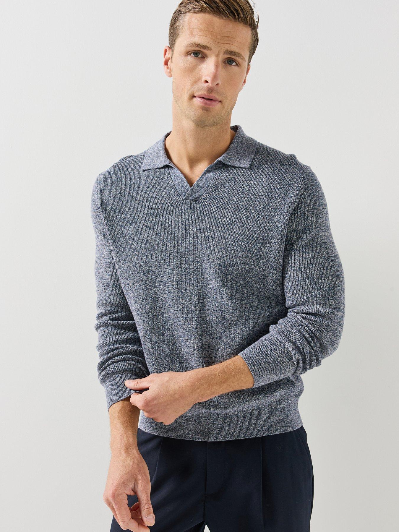Image 1 of 6 of Mango Mens Ribbed Knitted Polo Shirt Sweater - Blue