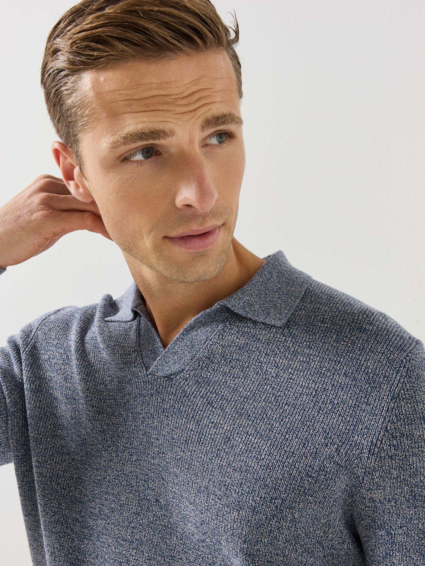 Image 4 of 6 of Mango Mens Ribbed Knitted Polo Shirt Sweater - Blue