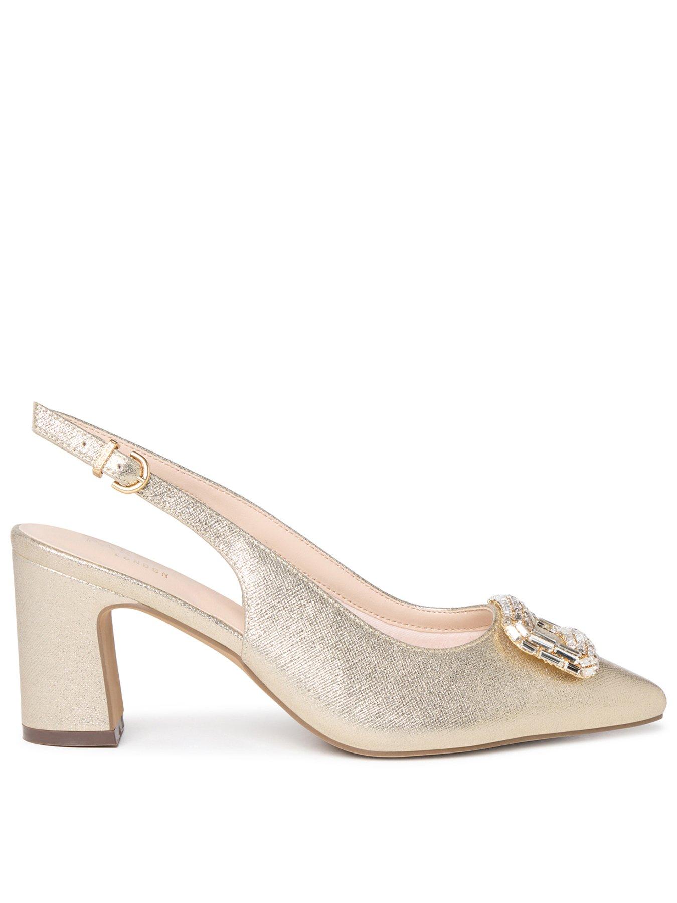 Image 1 of 7 of Paradox London Gabriella Wide Fit Embellished Buckle Block Heel Shoe - Champagne