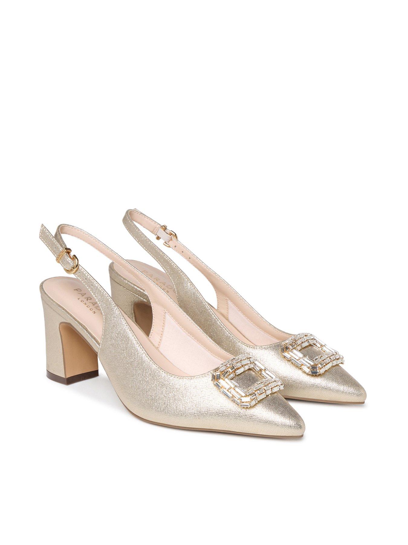 Image 6 of 7 of Paradox London Gabriella Wide Fit Embellished Buckle Block Heel Shoe - Champagne