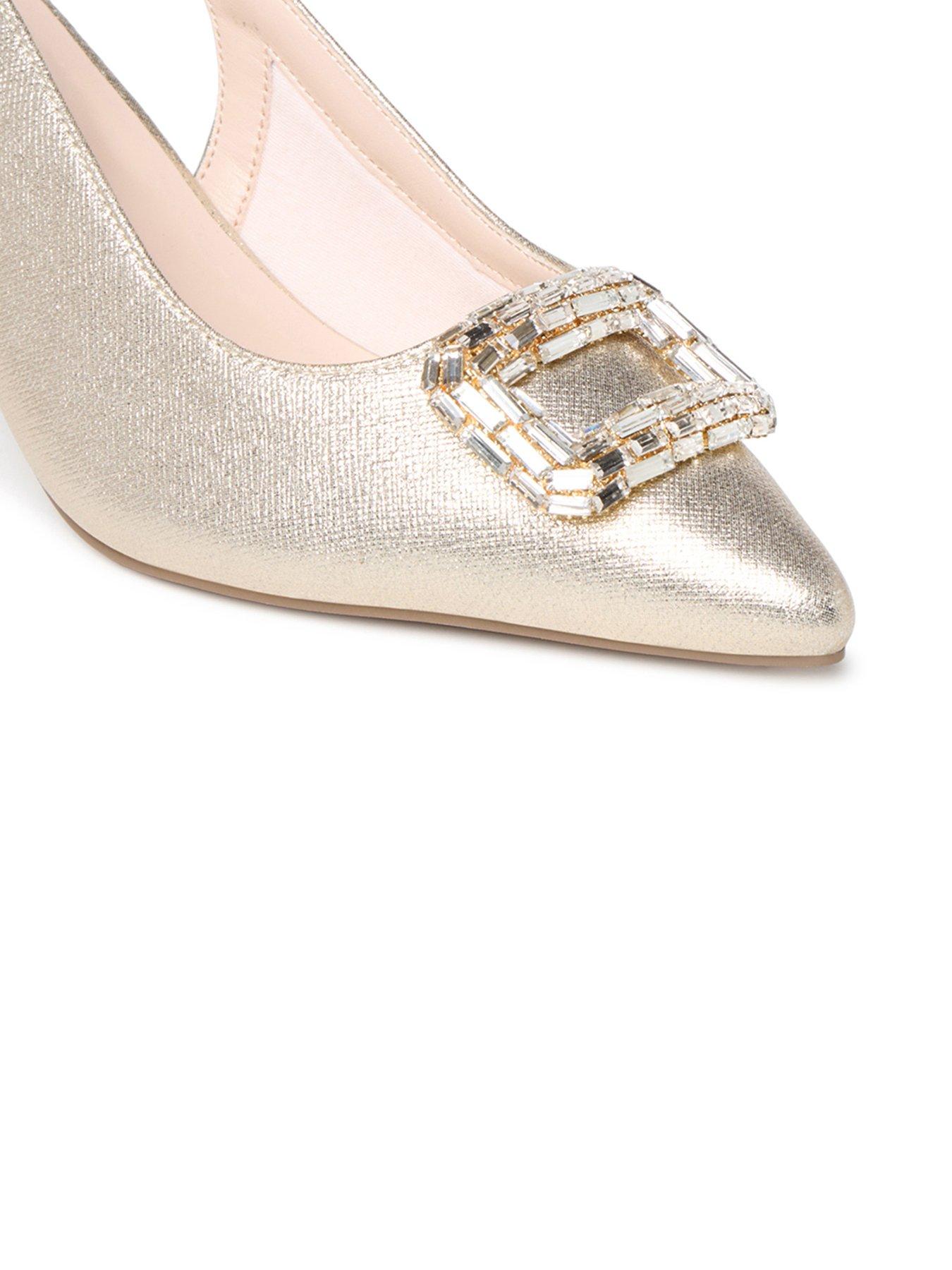 Image 7 of 7 of Paradox London Gabriella Wide Fit Embellished Buckle Block Heel Shoe - Champagne