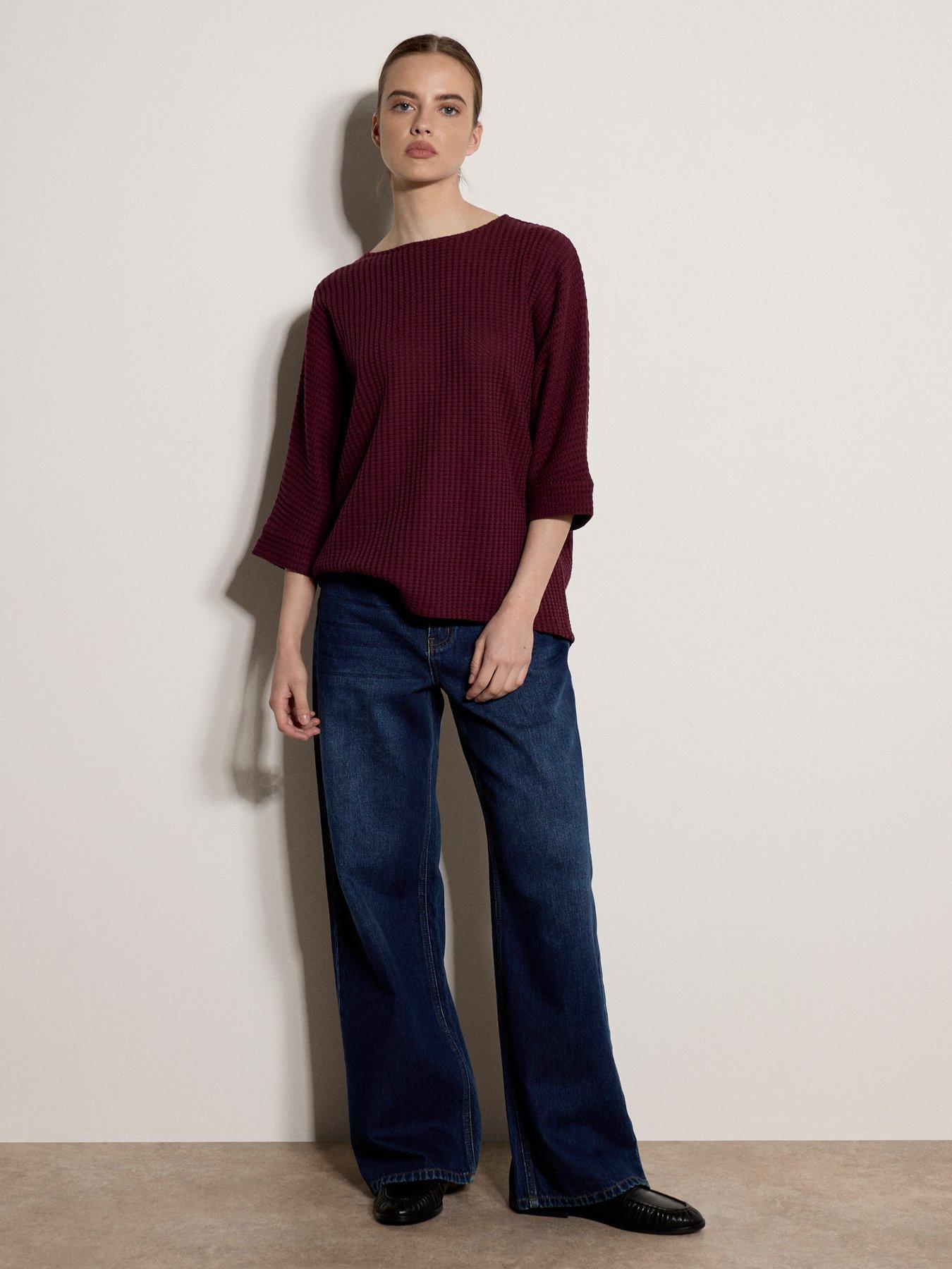 Apricot Waffle Knit Batwing Top - Red