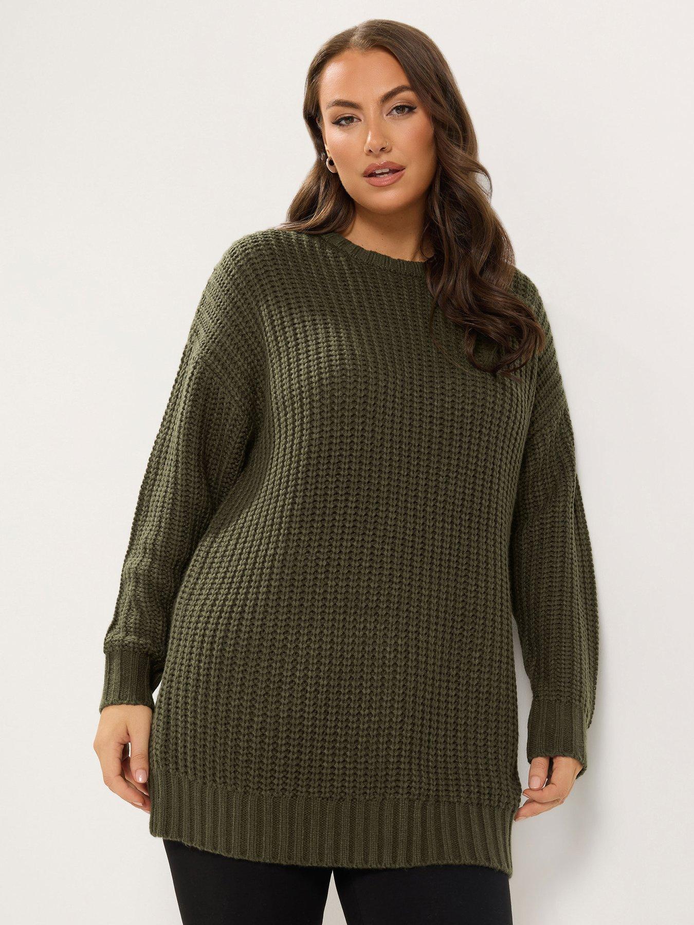 Yours Curve Waffle Longline Jumper - Green