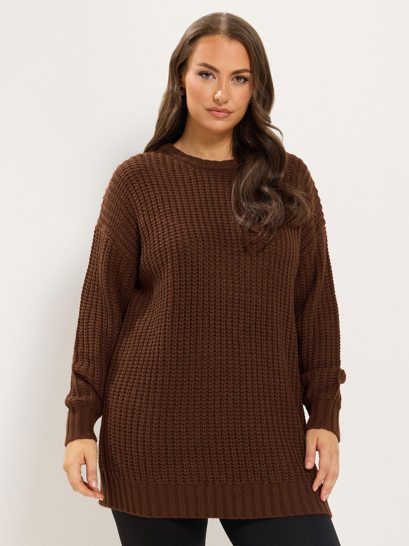 Yours Curve Waffle Longline Jumper - Brown