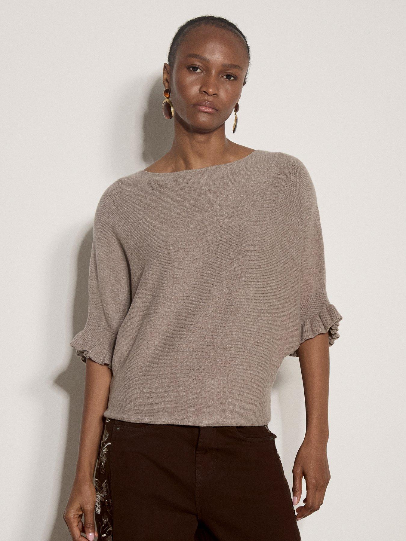 Apricot Ruffle Sleeve Batwing Jumper - Beige