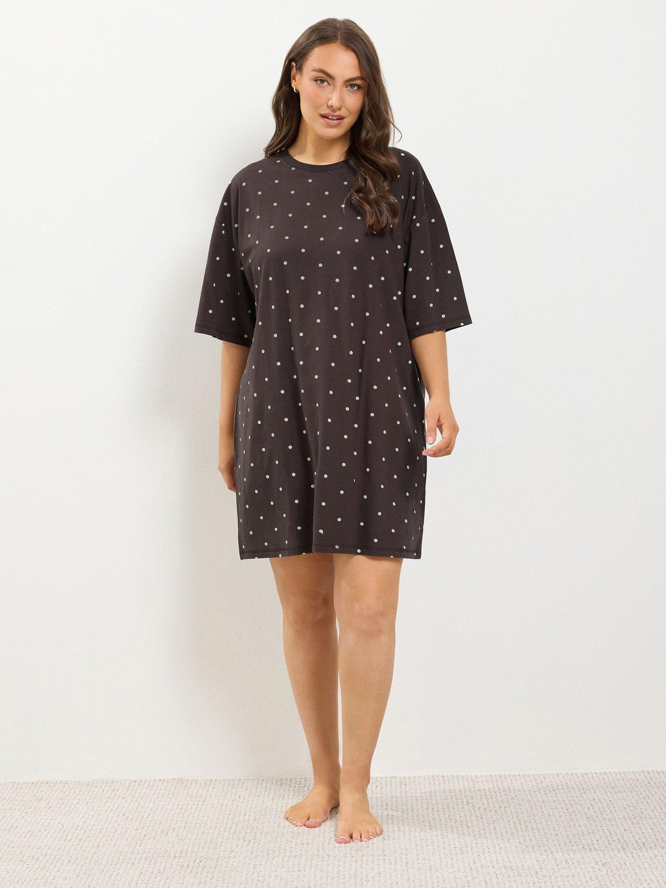 Image 1 of 4 of Yours Womens Curve Polka Dot Relaxed Fit Sleep T-Shirt Nightdress - Brown