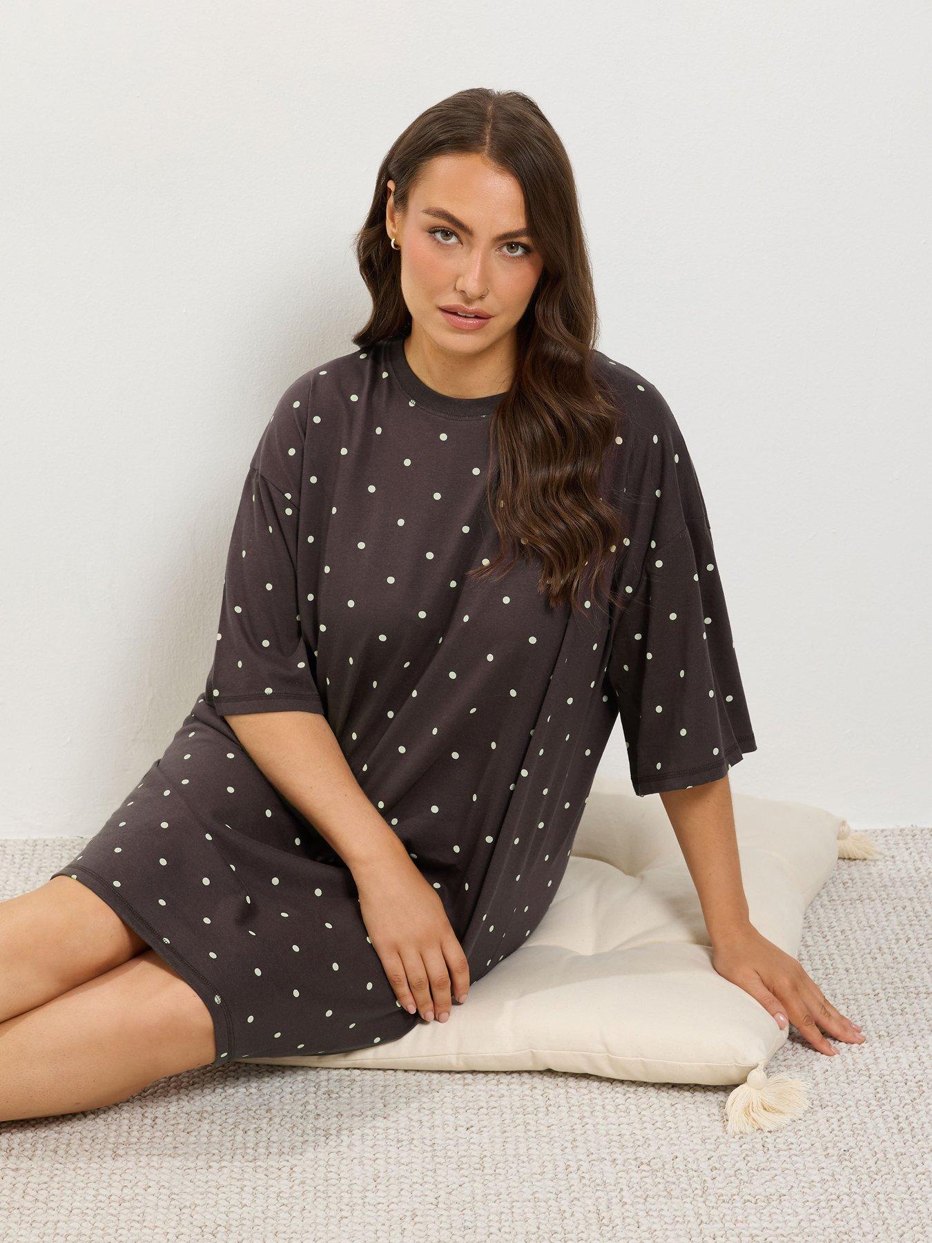 Image 3 of 4 of Yours Womens Curve Polka Dot Relaxed Fit Sleep T-Shirt Nightdress - Brown