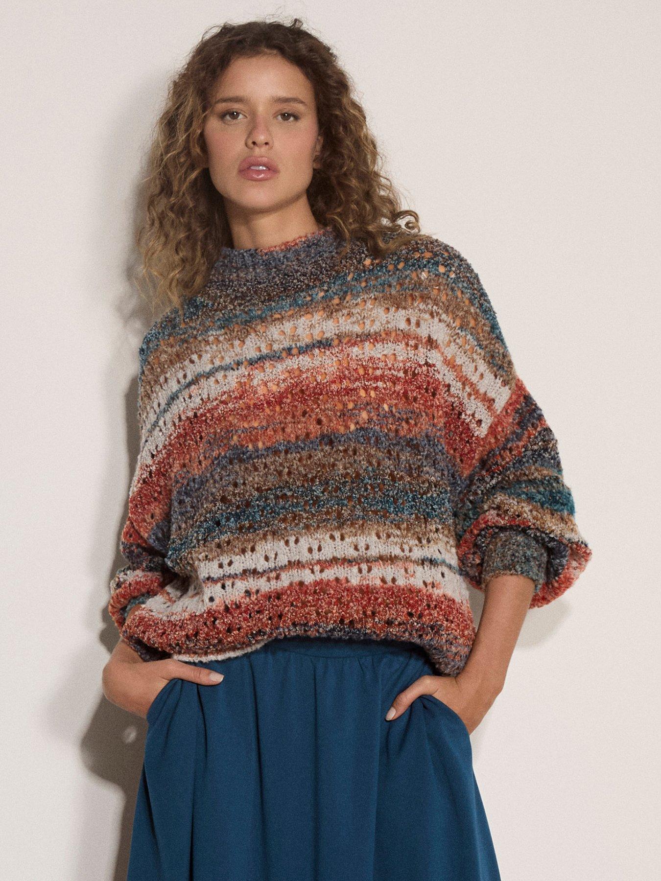 Apricot Mix Yarn Distressed Boho Stripe Jumper - Multi