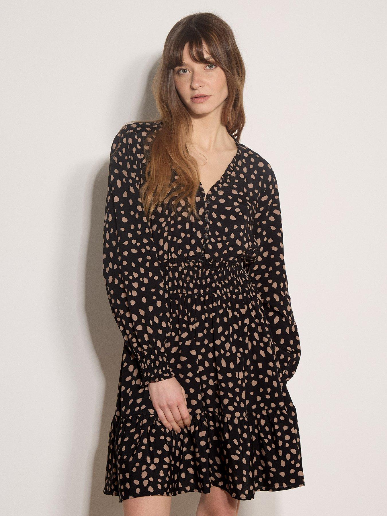 Apricot Irregular Spot Ruffle Neck Mini Dress - Black