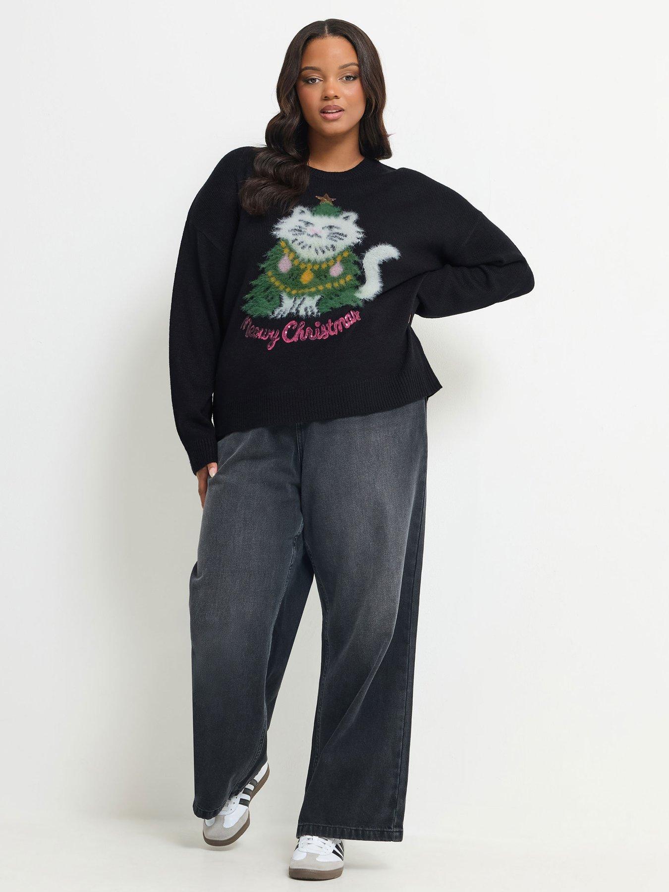 Image 3 of 4 of Yours Womens Curve Fluffy Sequin Slogan Jumper - Black