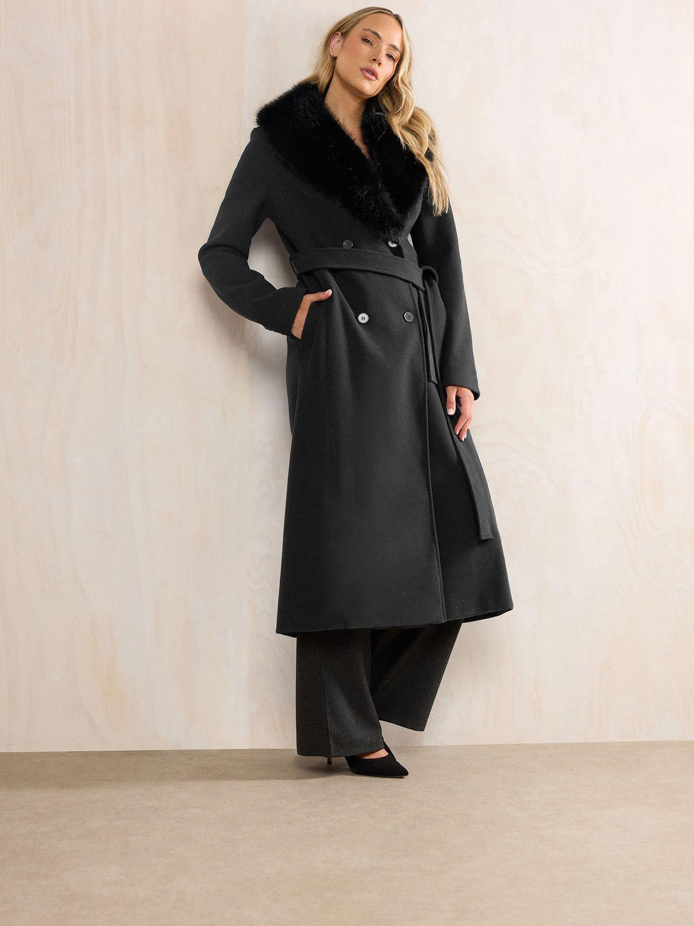 Long Tall Sally Faux Fur Collar Midi Coat - Black