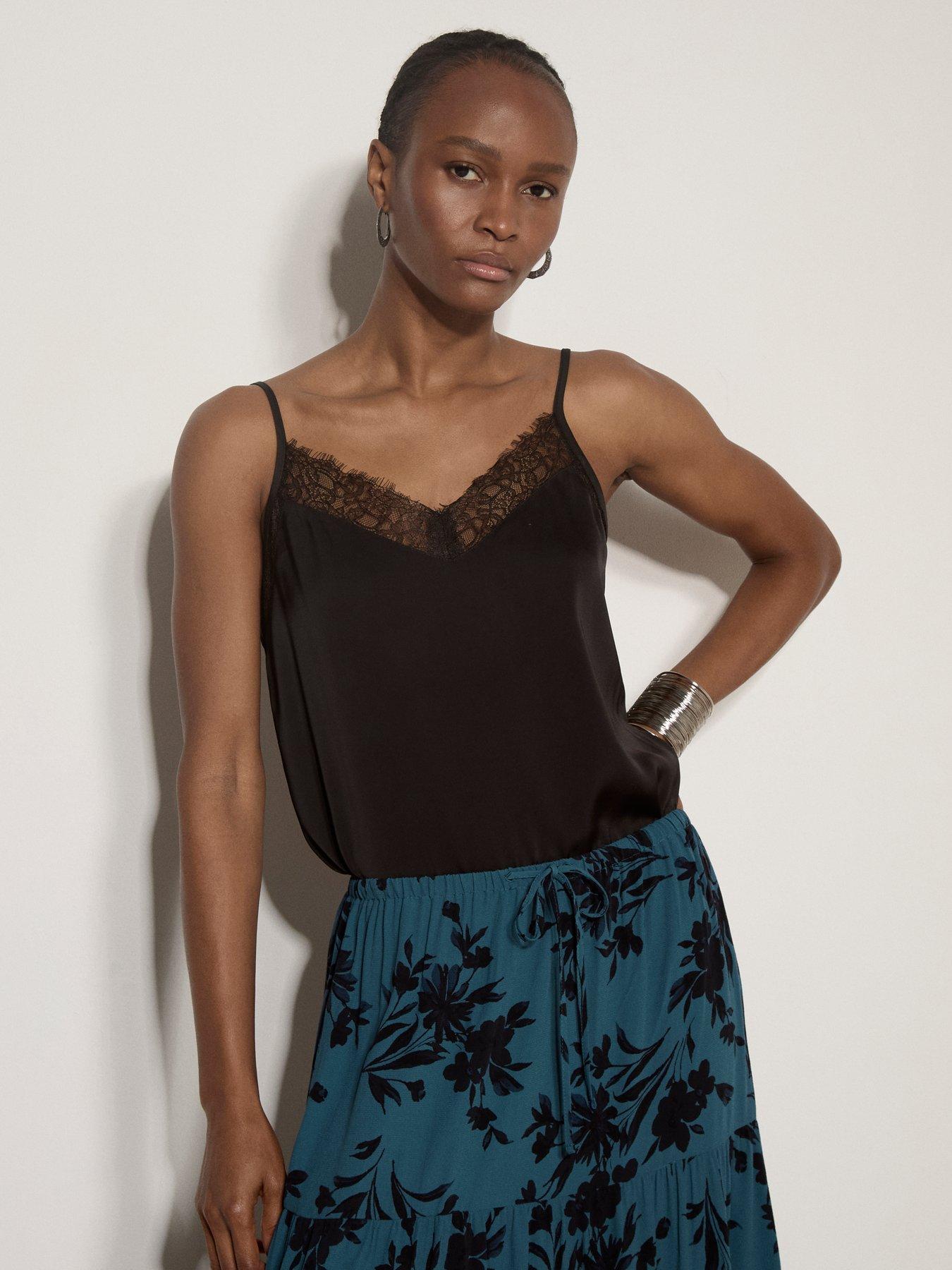 Apricot Satin Lace Detail Cami Top - Black