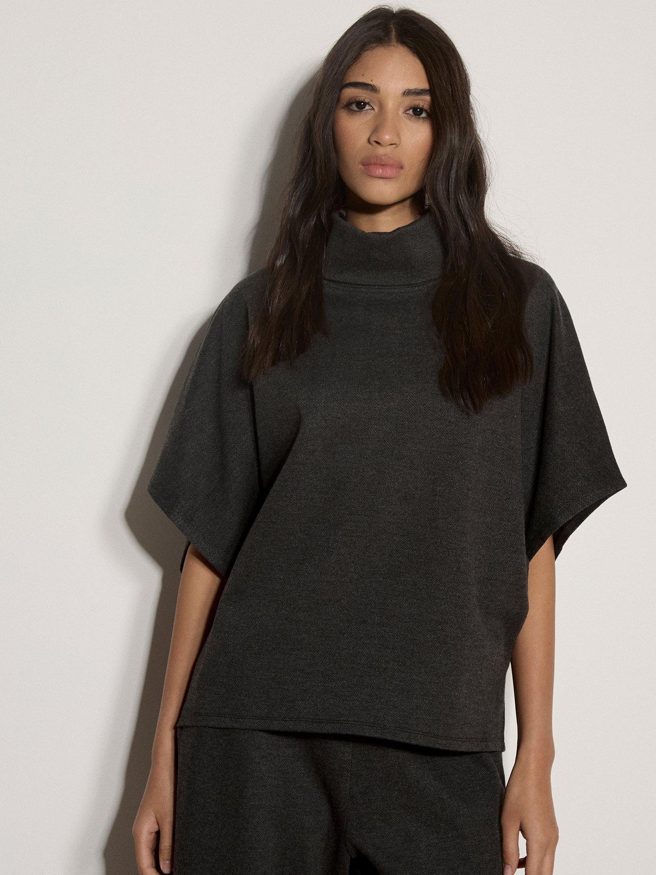 Image 1 of 4 of Apricot Herringbone Roll Neck Cape Top - Grey