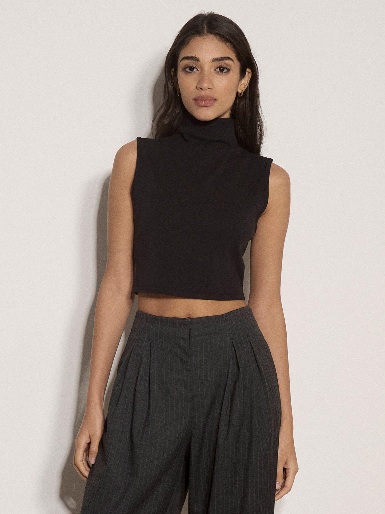 Apricot High Neck Sleeveless Crop Top - Black