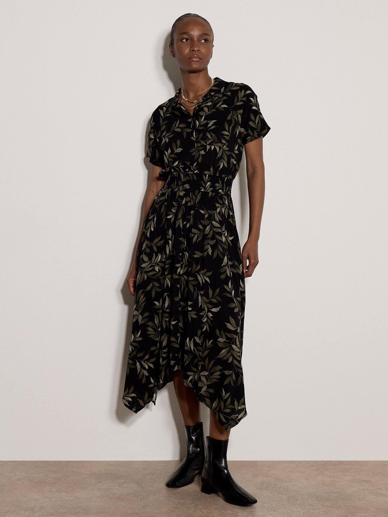 Image 1 of 4 of Apricot Painterly Leaf Hanky Hem Midi Dress - Black