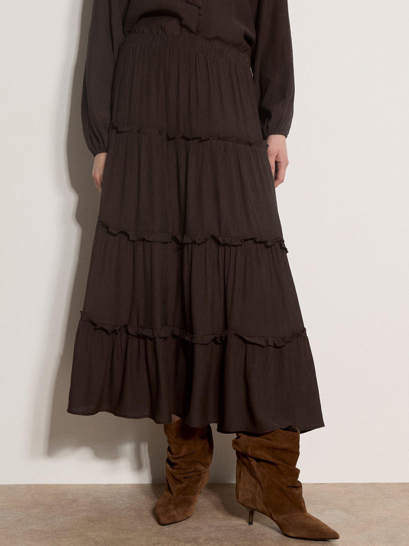 Apricot Ruffle Tiered Midaxi Skirt - Brown