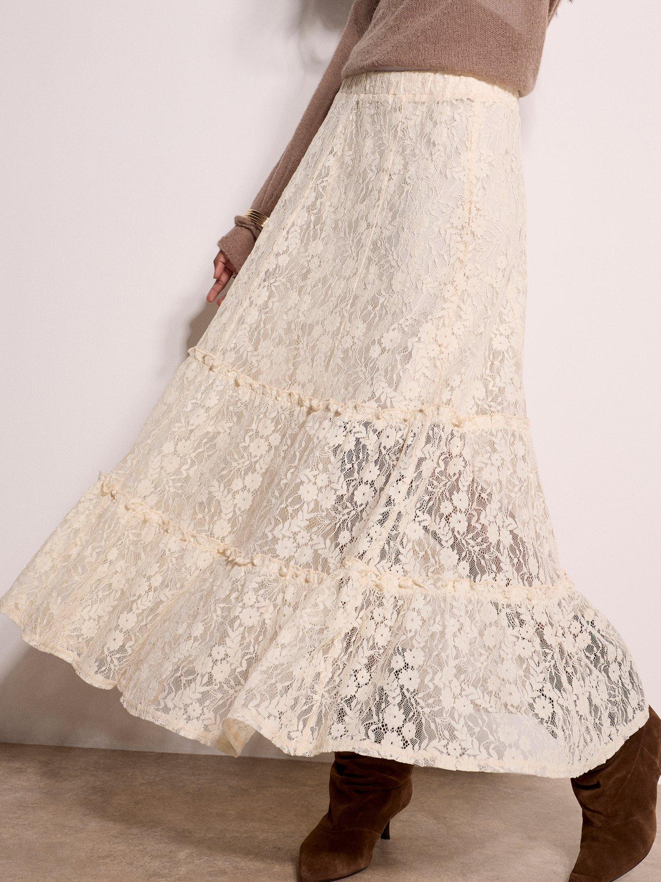 Apricot Floral Lace Tiered Midaxi Skirt - Cream