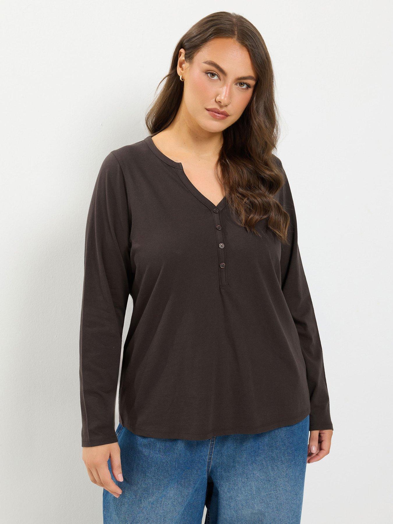 Image 1 of 4 of Yours Curve Long Sleeve Henley Button T-Shirt - Brown