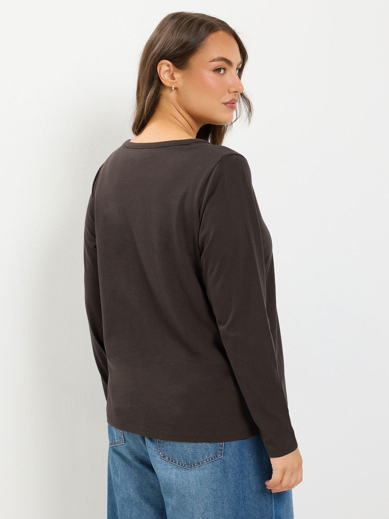 Image 2 of 4 of Yours Curve Long Sleeve Henley Button T-Shirt - Brown