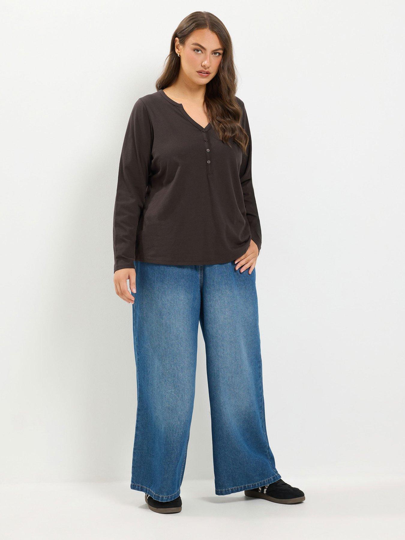 Image 3 of 4 of Yours Curve Long Sleeve Henley Button T-Shirt - Brown