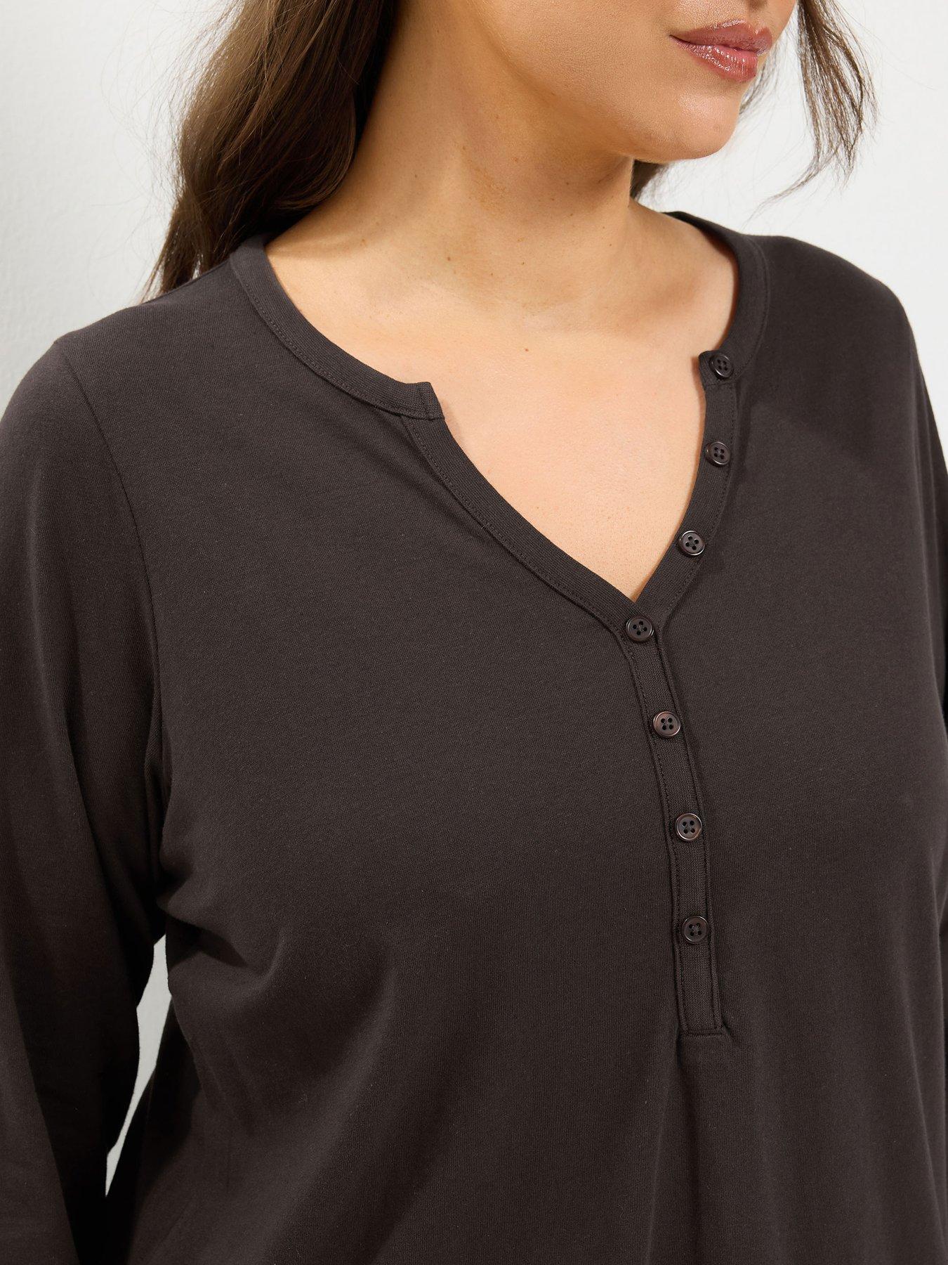 Image 4 of 4 of Yours Curve Long Sleeve Henley Button T-Shirt - Brown