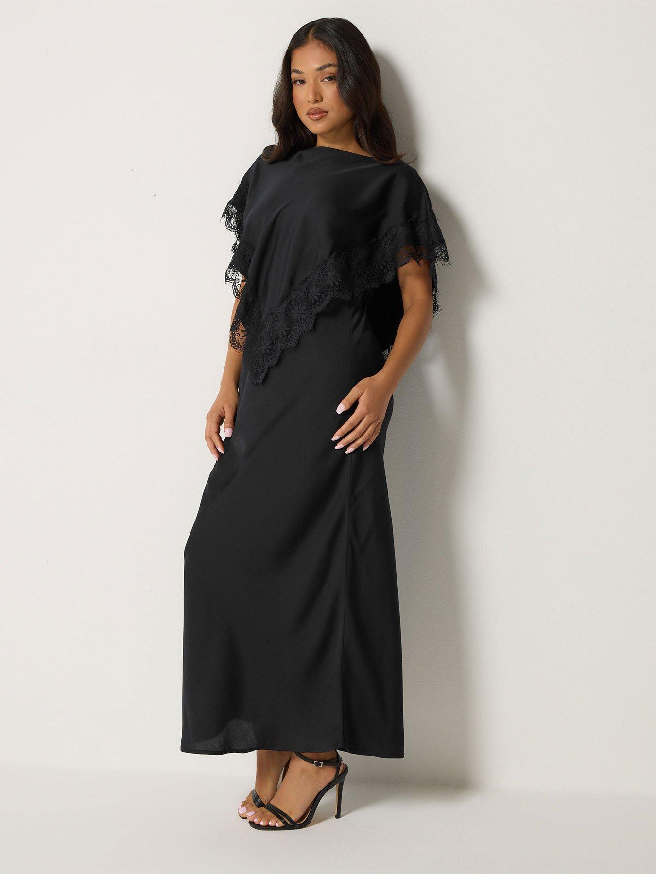 Image 1 of 4 of PixieGirl Womens Petite Satin Lace Cape Maxi Dress - Black