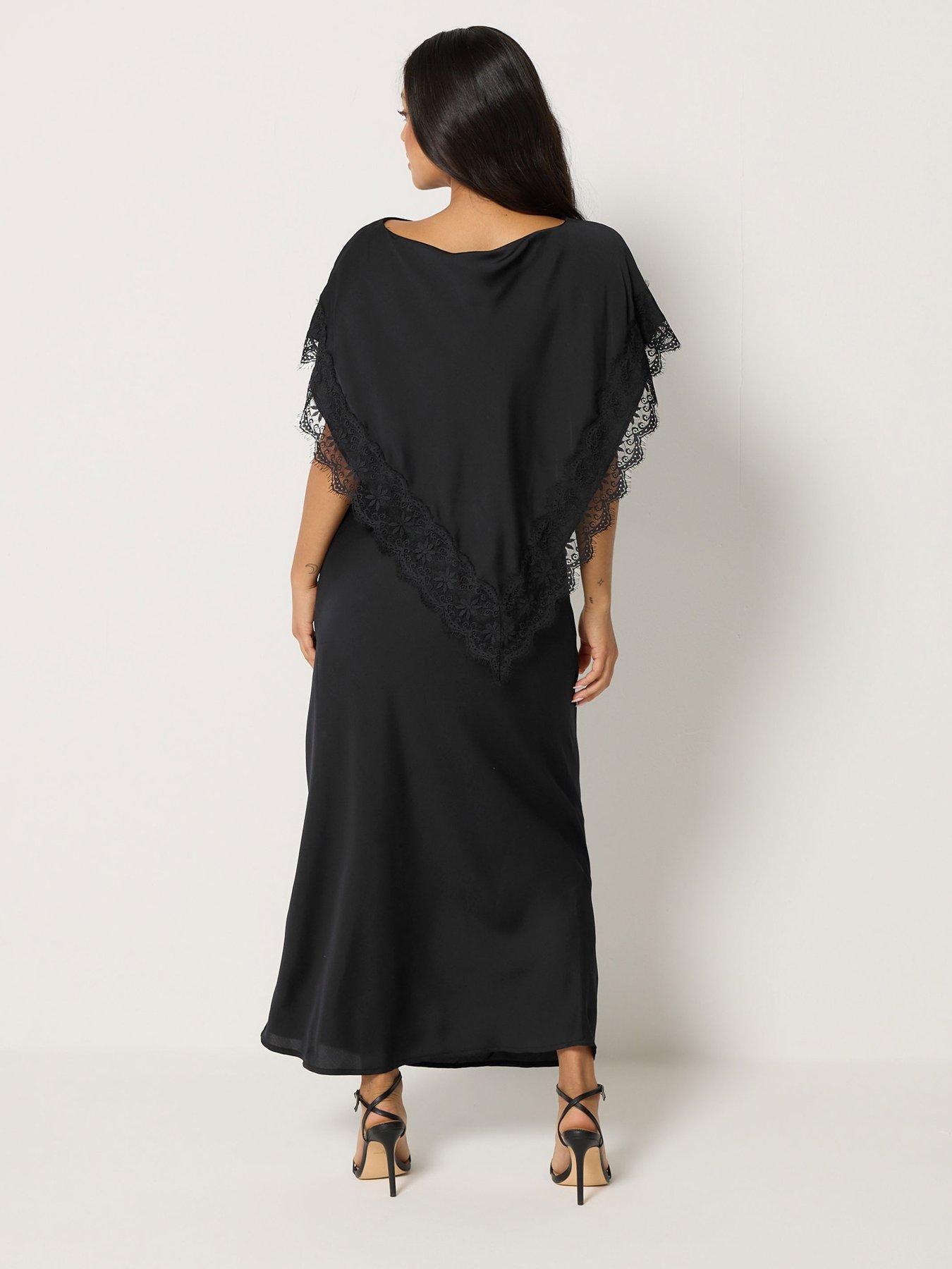 Image 2 of 4 of PixieGirl Womens Petite Satin Lace Cape Maxi Dress - Black