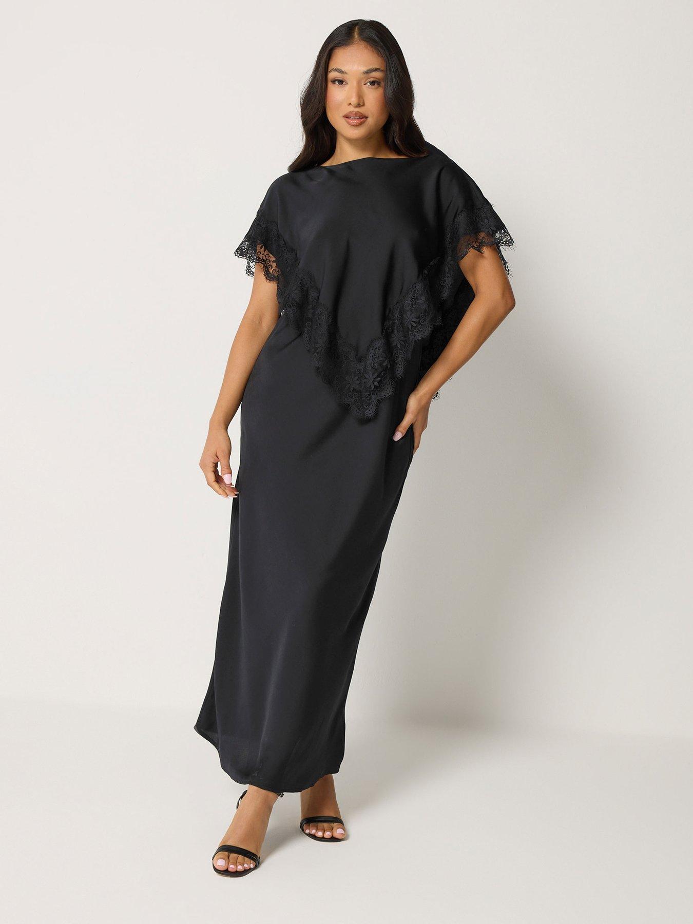 Image 3 of 4 of PixieGirl Womens Petite Satin Lace Cape Maxi Dress - Black