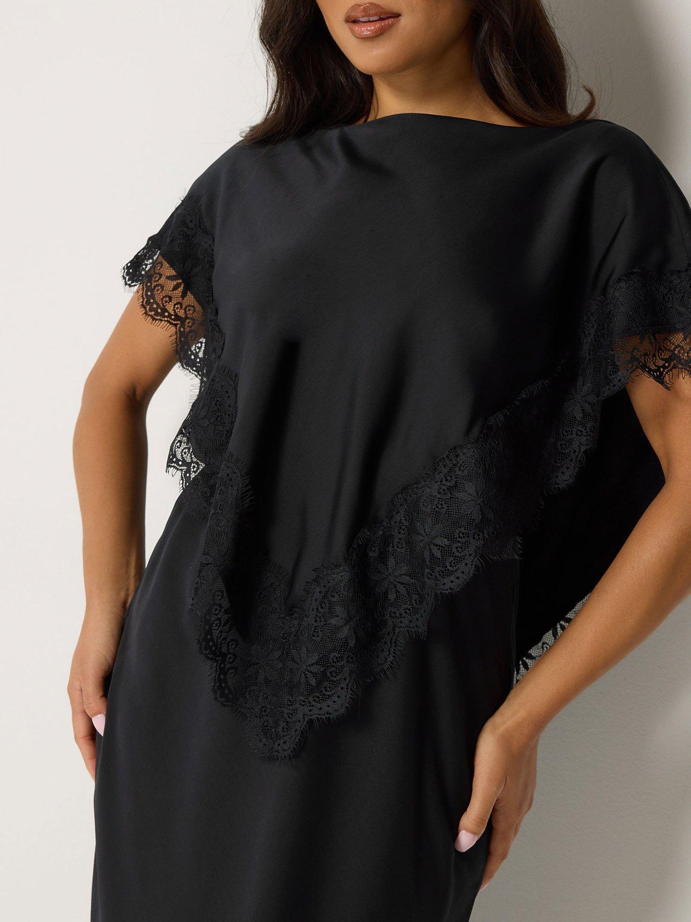 Image 4 of 4 of PixieGirl Womens Petite Satin Lace Cape Maxi Dress - Black