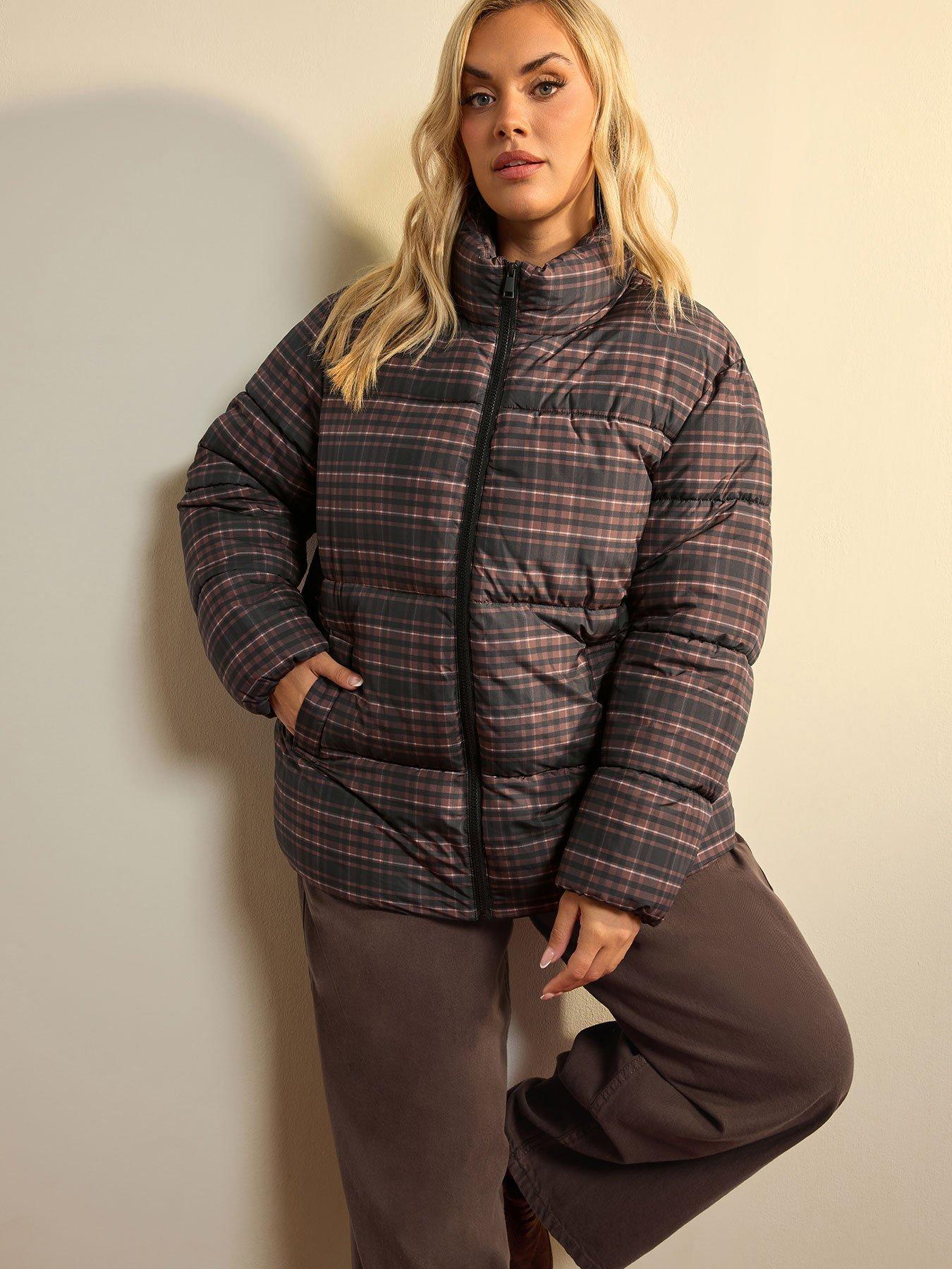 Yours Curve Check Padded Parka - Brown