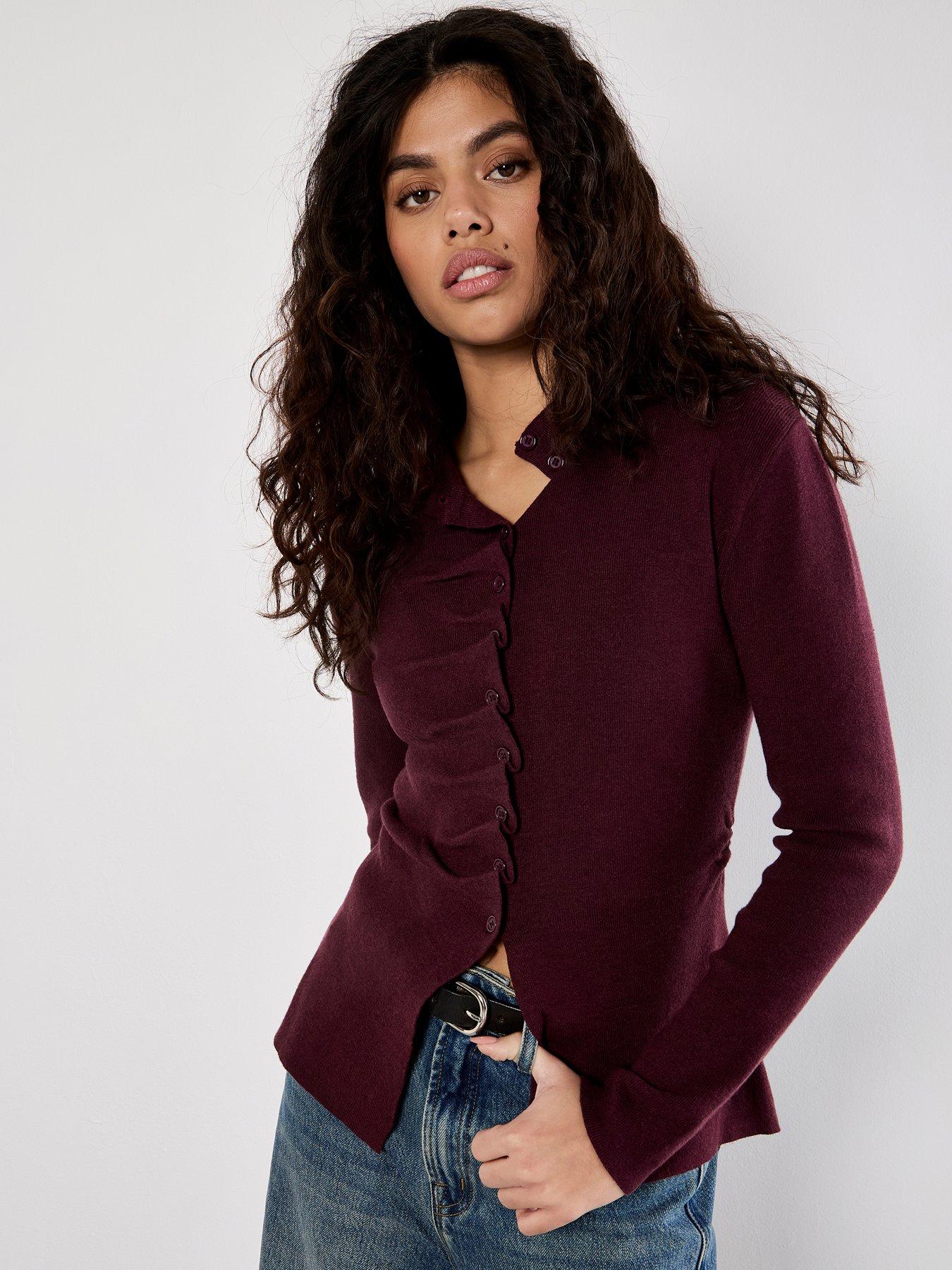 Apricot Pleated Button Knit Cardigan - Red