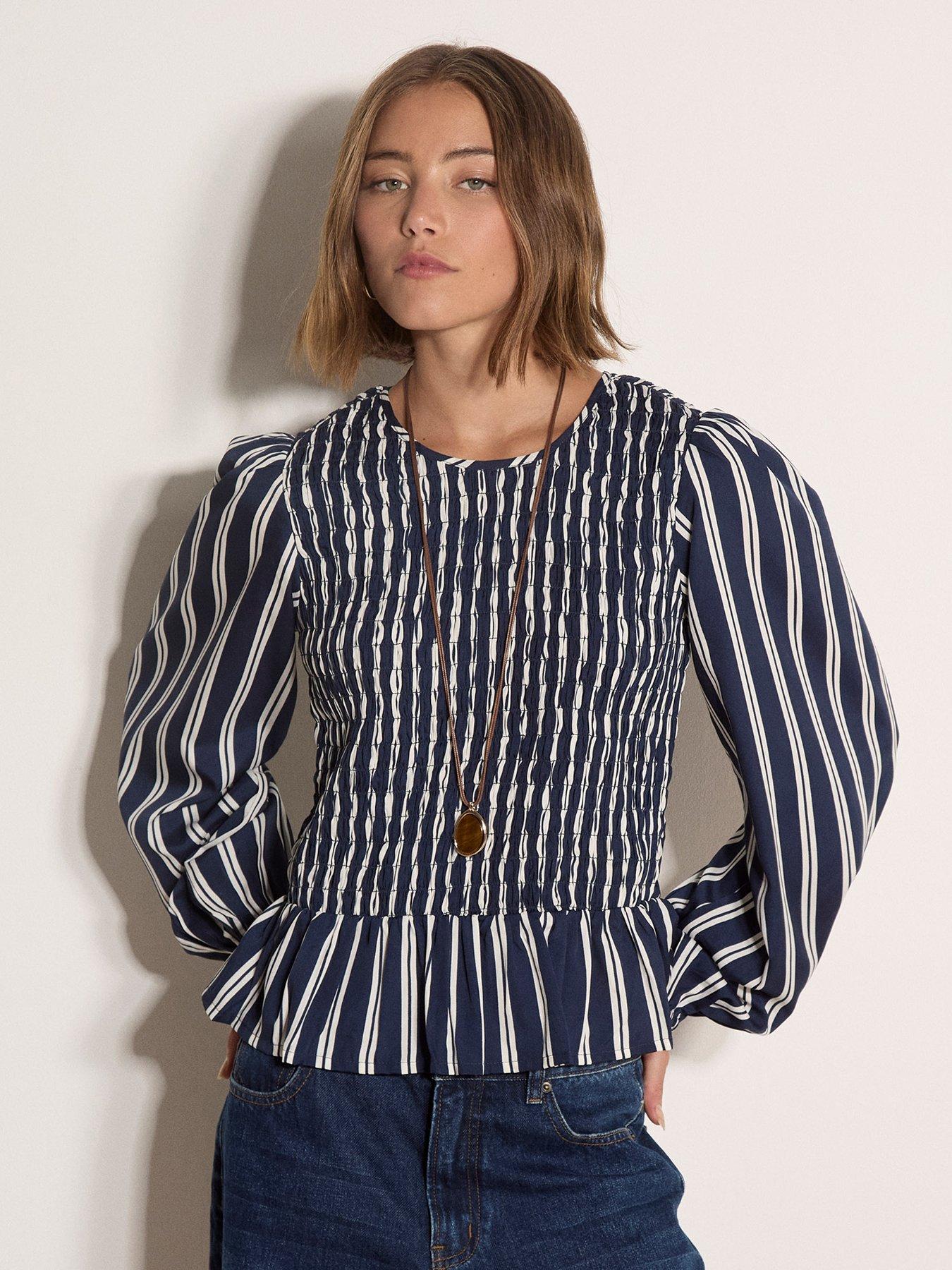 Apricot Striped Fully Shirred Long Sleeve Peplum Top - Blue