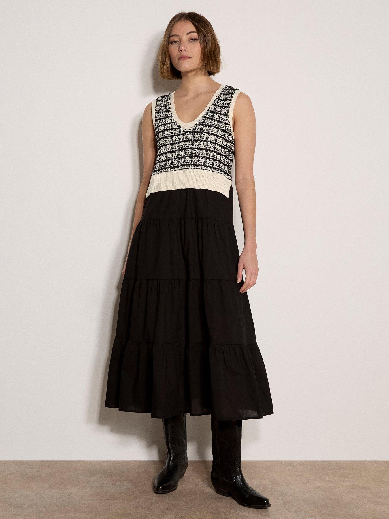 Image 1 of 3 of Apricot Dogtooth 2-in-1 Sleeveless Midi Dress - Black